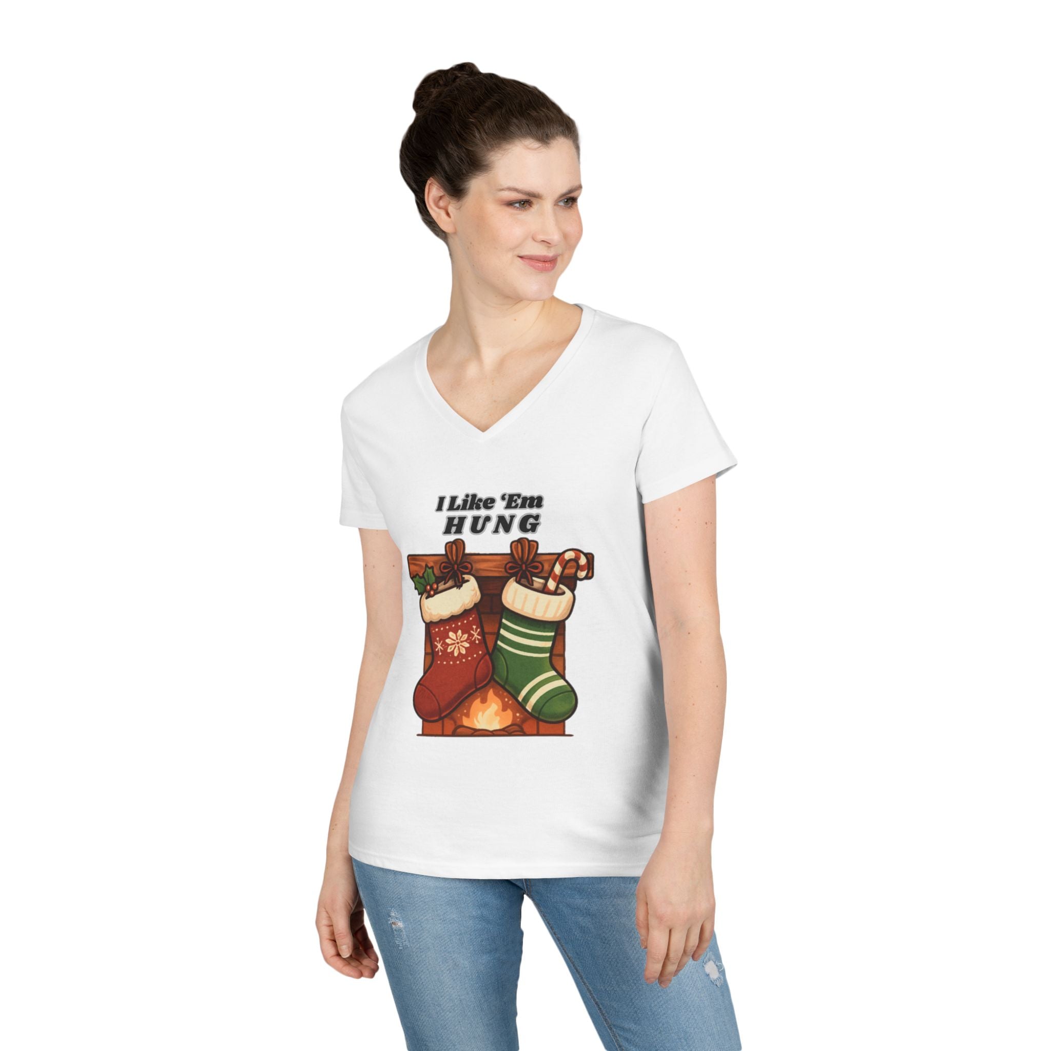 I Like 'Em Hung Christmas Stockings V-Neck T-Shirt | Holiday Stocking Design