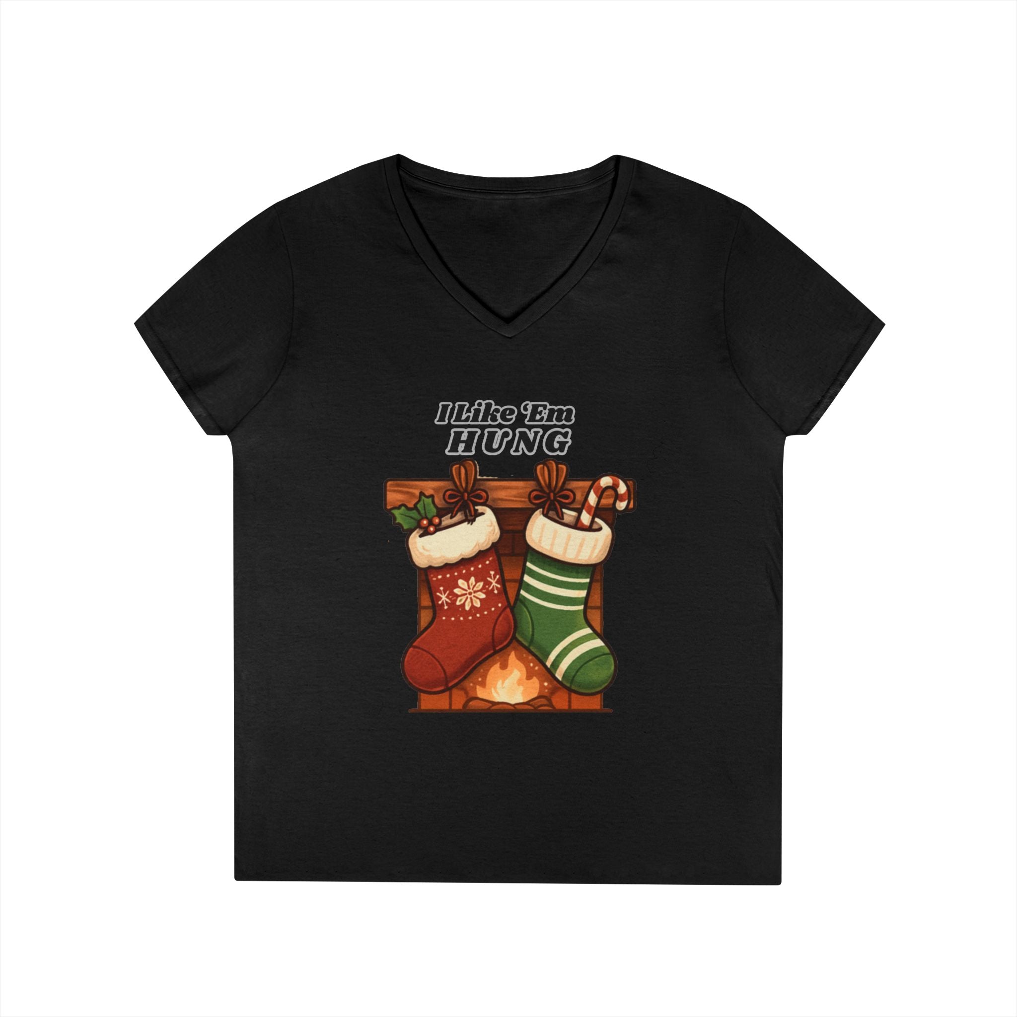 I Like 'Em Hung Christmas Stockings V-Neck T-Shirt | Holiday Stocking Design