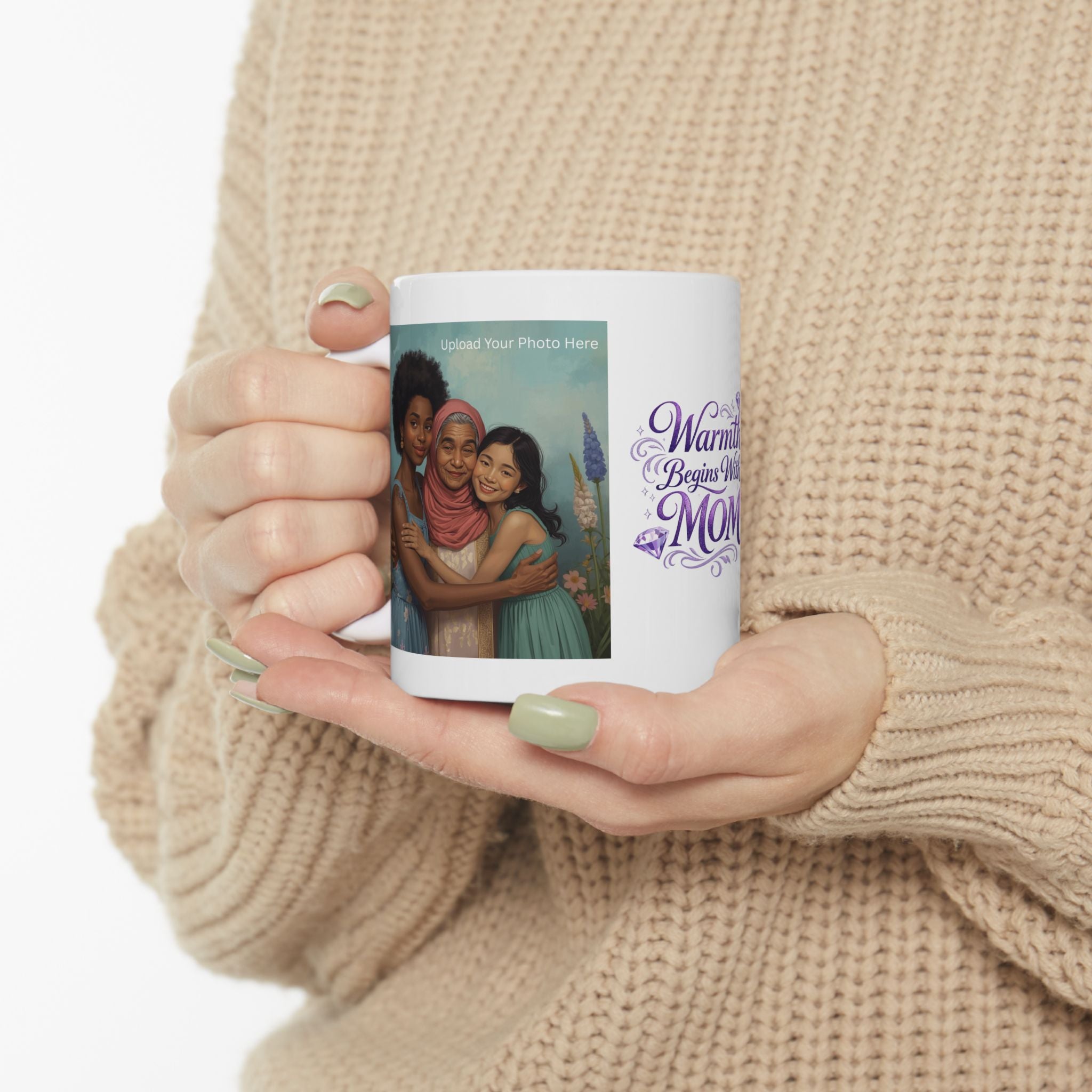 Warmth Begins With Mom Ceramic Mug — Mother's Day Gift, Inspirational Floral Coffee Cup