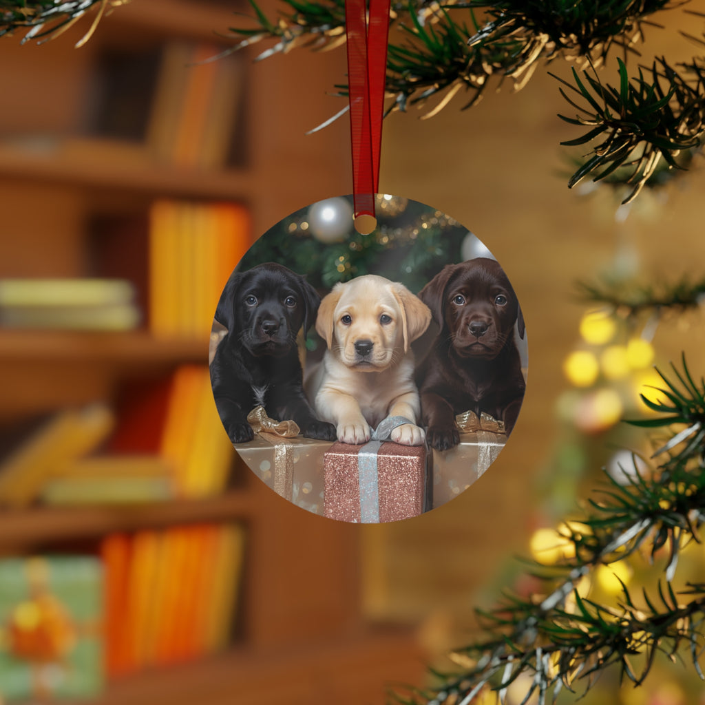 Christmas Puppy Metal Ornament — Labrador Retriever Trio Holiday Decoration