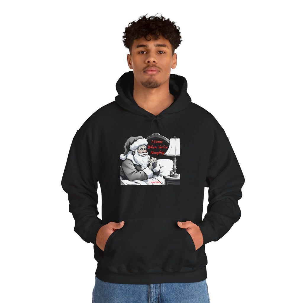 Adult Themed Santa In Bed Hoodie - 'I Come When You're Naughty' Christmas Attire