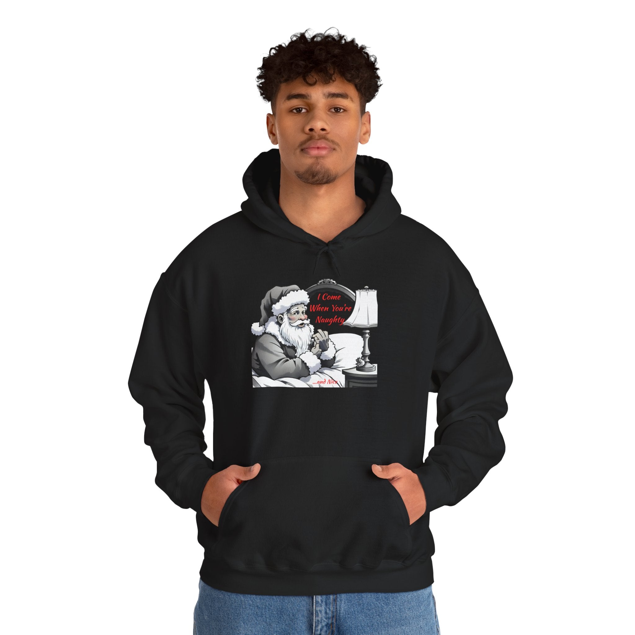 Adult Themed Santa In Bed Hoodie - 'I Come When You're Naughty' Christmas Attire