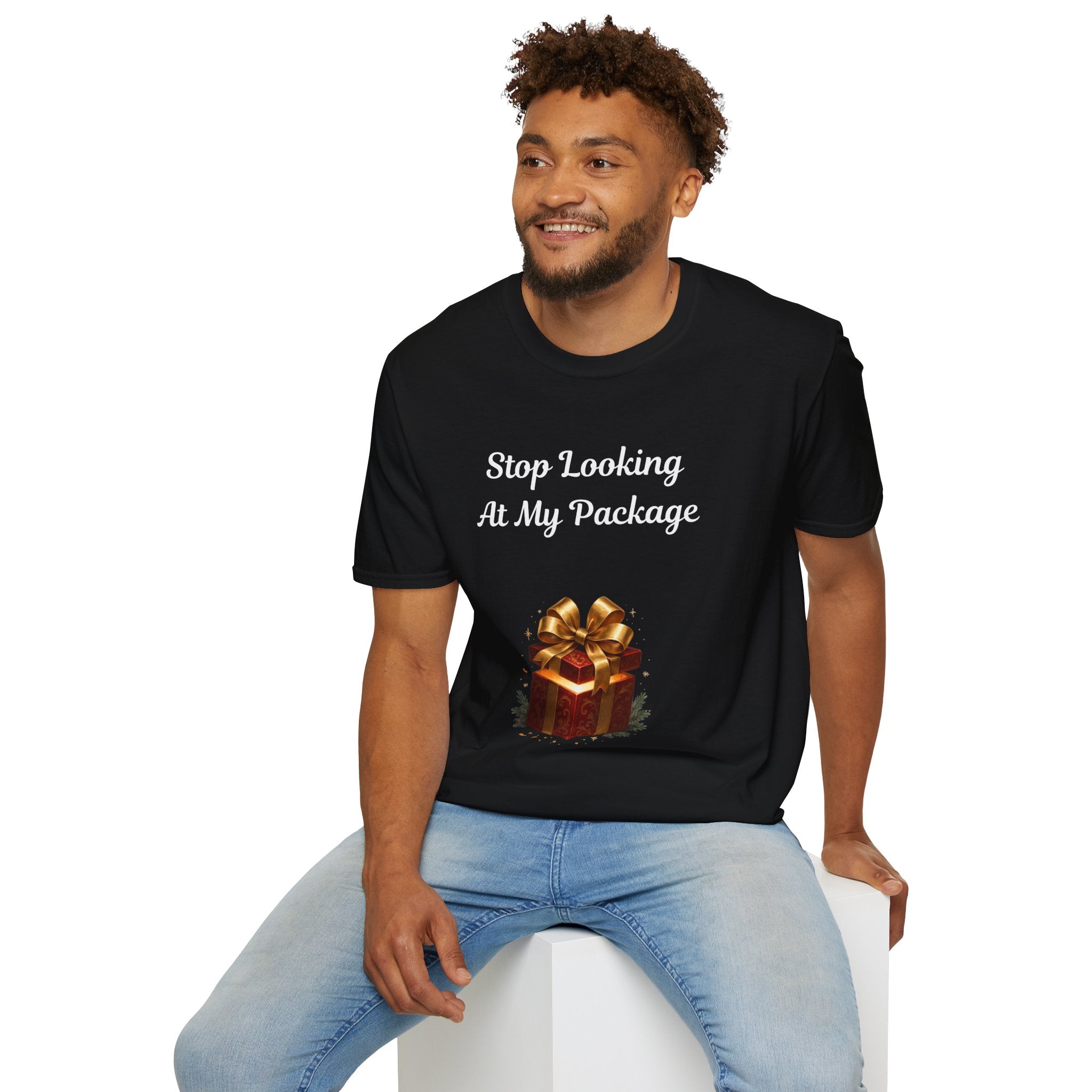 Adult Themed Big Present T-Shirt - 'Stop Looking At My Package' Christmas Attire