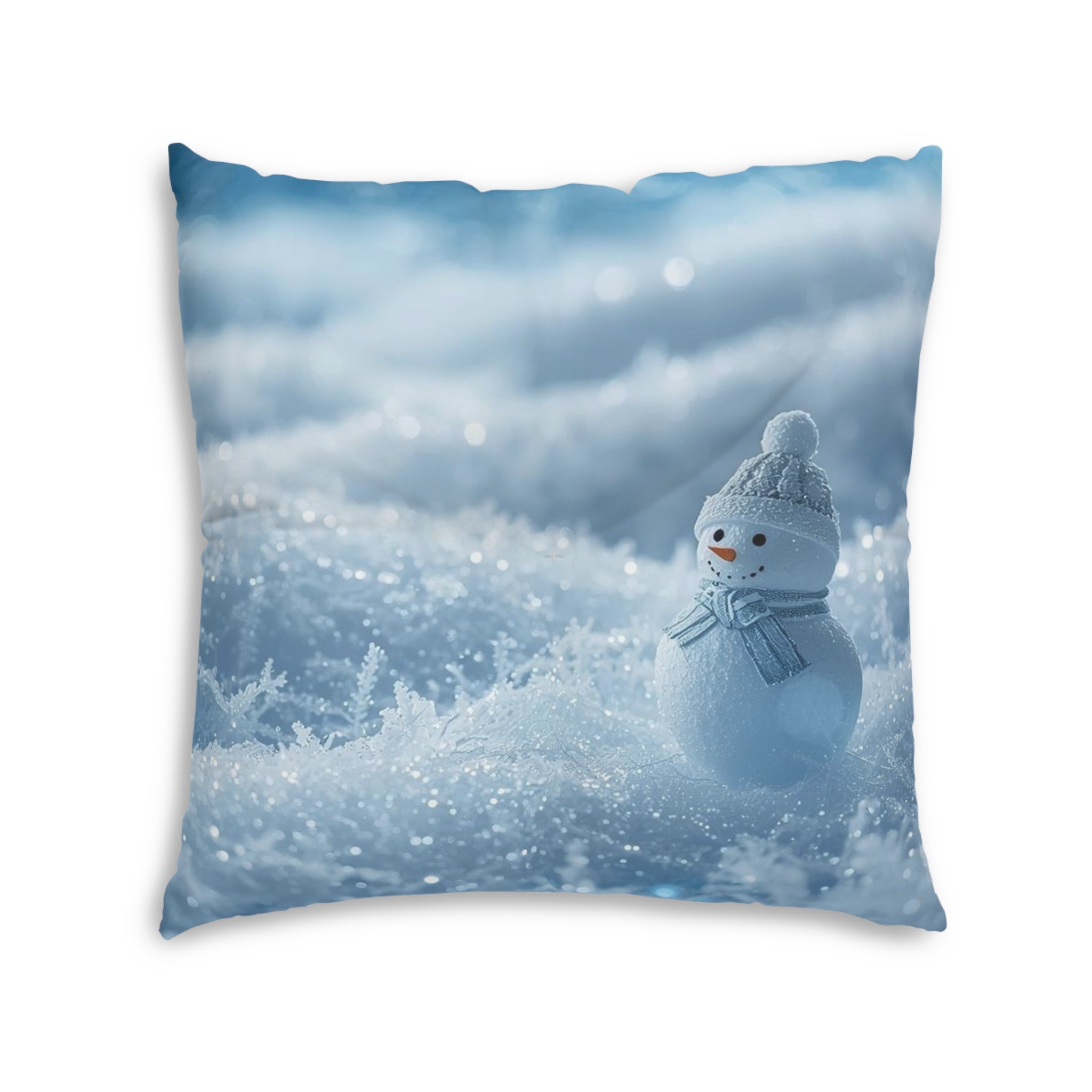 Snowy Scene Floor Pillow — Winter Snowman Square Tufted Cushion