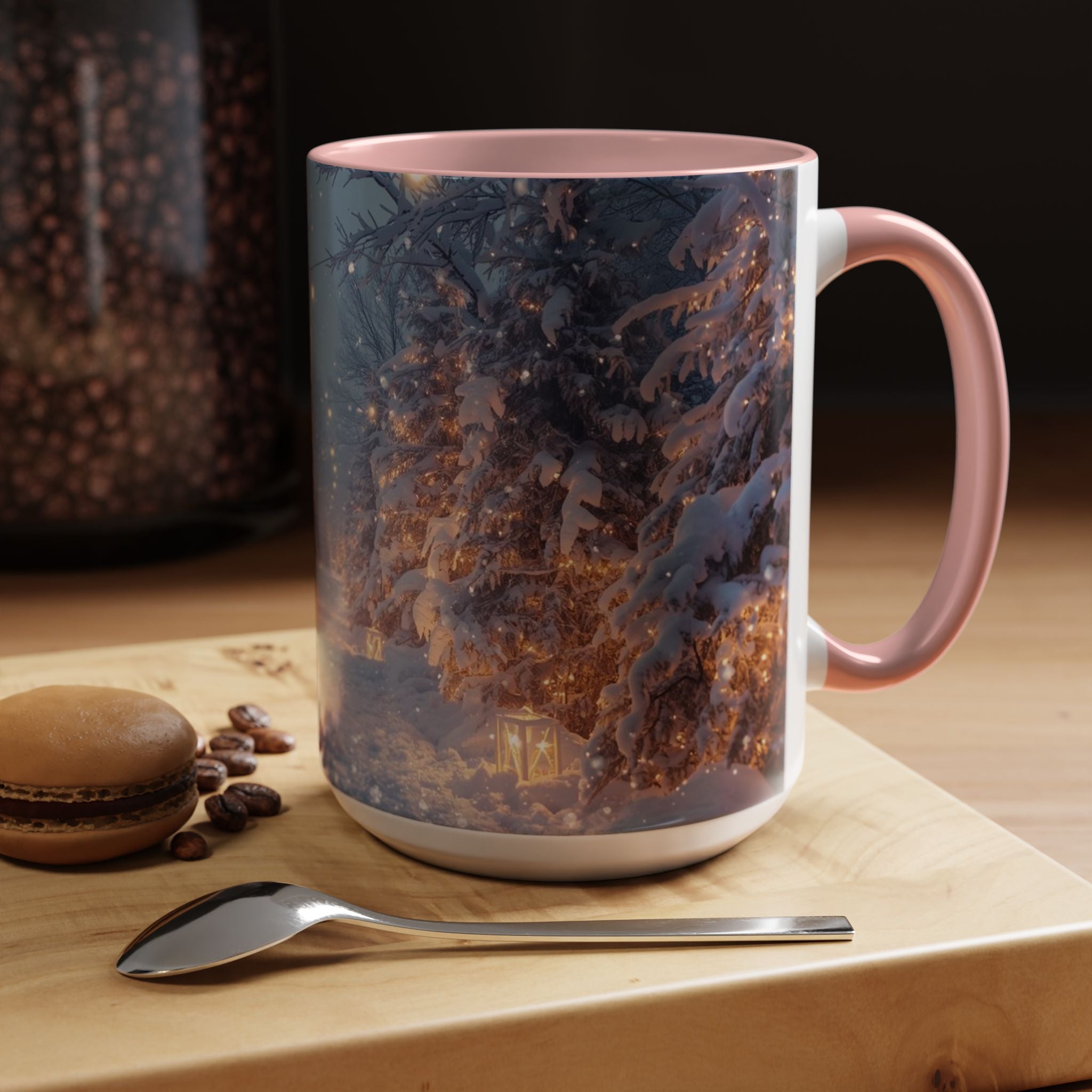Winter Cabin Snowy Forest Accent Coffee Mug — Cozy Holiday Snow Scene (11/15oz)