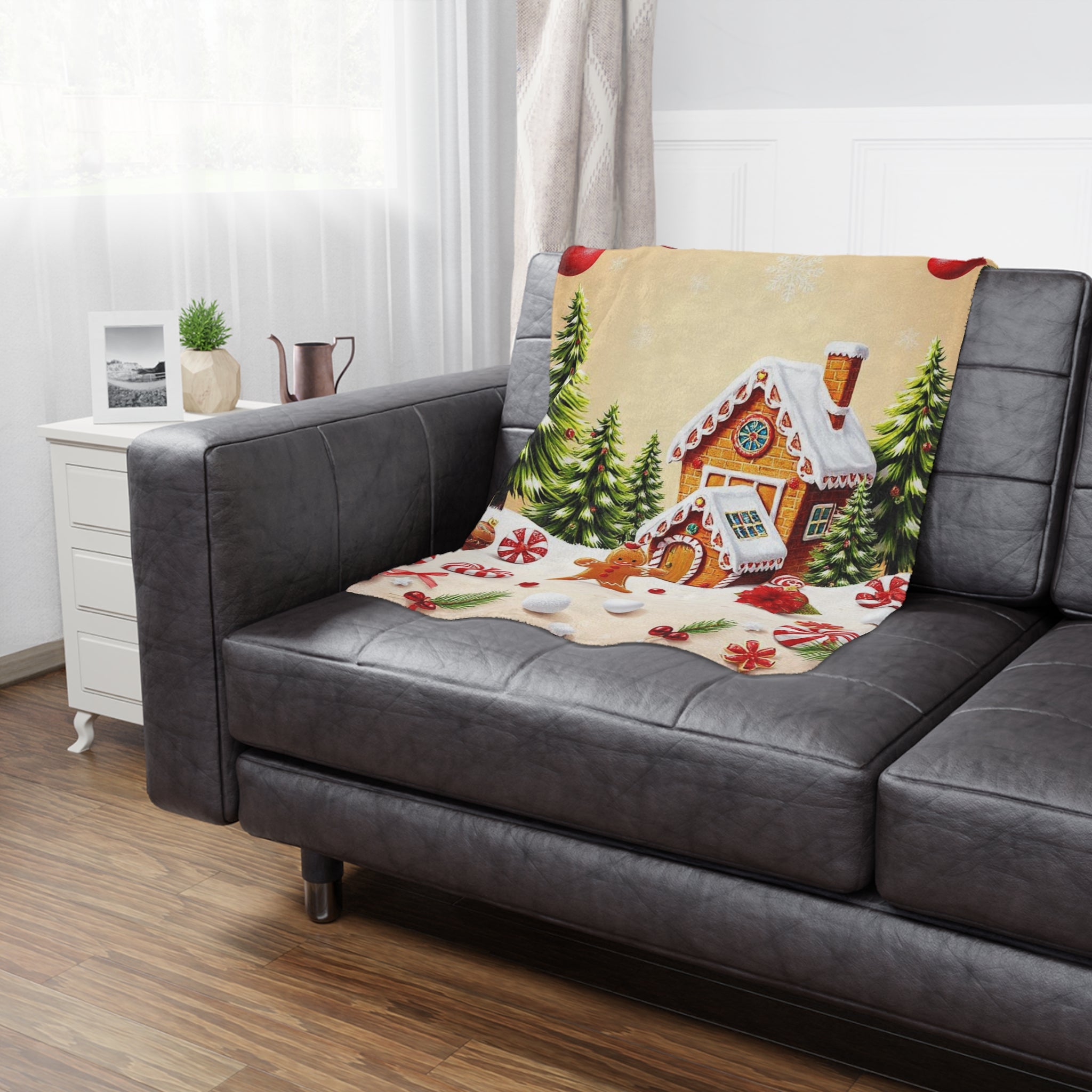 Christmas Gingerbread House Minky Blanket — Cozy Holiday Throw with Candy & Pine Tree Design