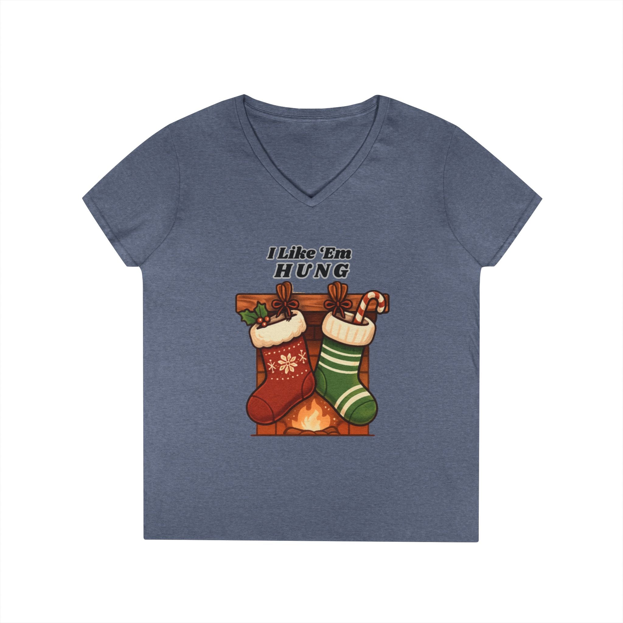 I Like 'Em Hung Christmas Stockings V-Neck T-Shirt | Holiday Stocking Design