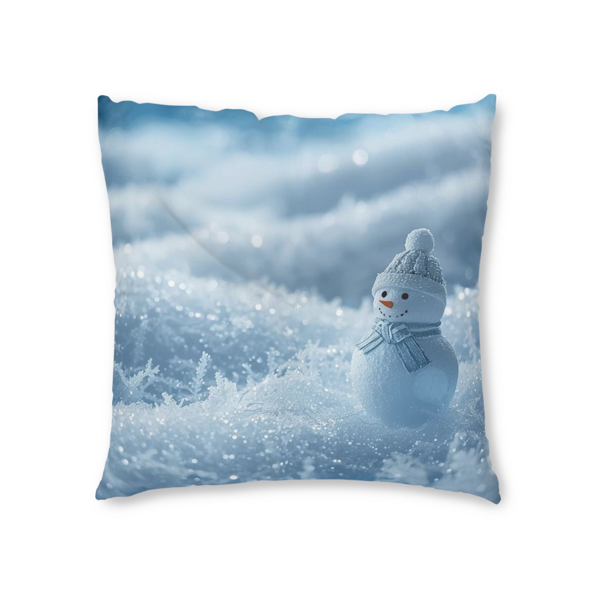 Snowy Scene Floor Pillow — Winter Snowman Square Tufted Cushion
