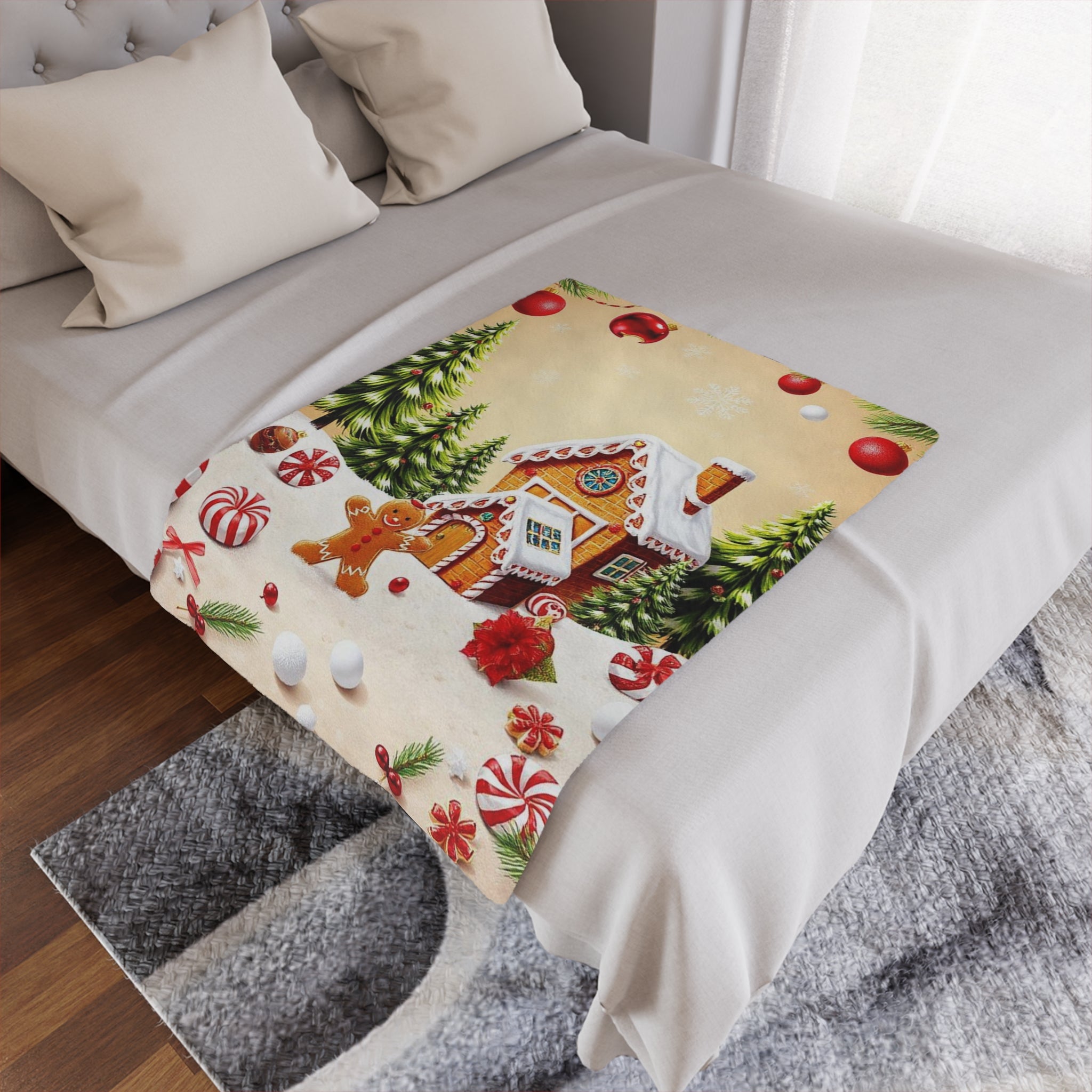 Christmas Gingerbread House Minky Blanket — Cozy Holiday Throw with Candy & Pine Tree Design