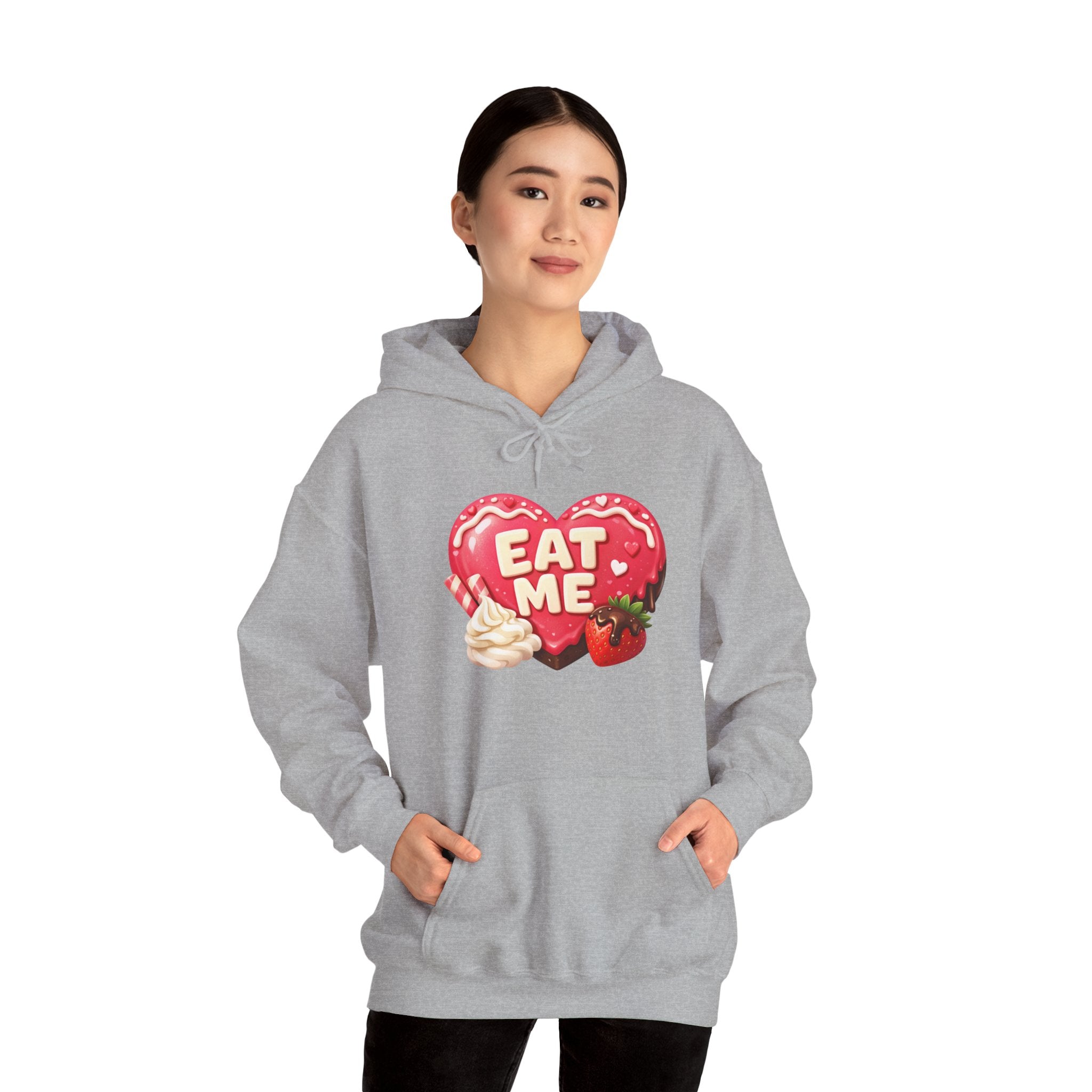 Eat Me Heart Graphic Hoodie — Strawberry Cream Dessert Design