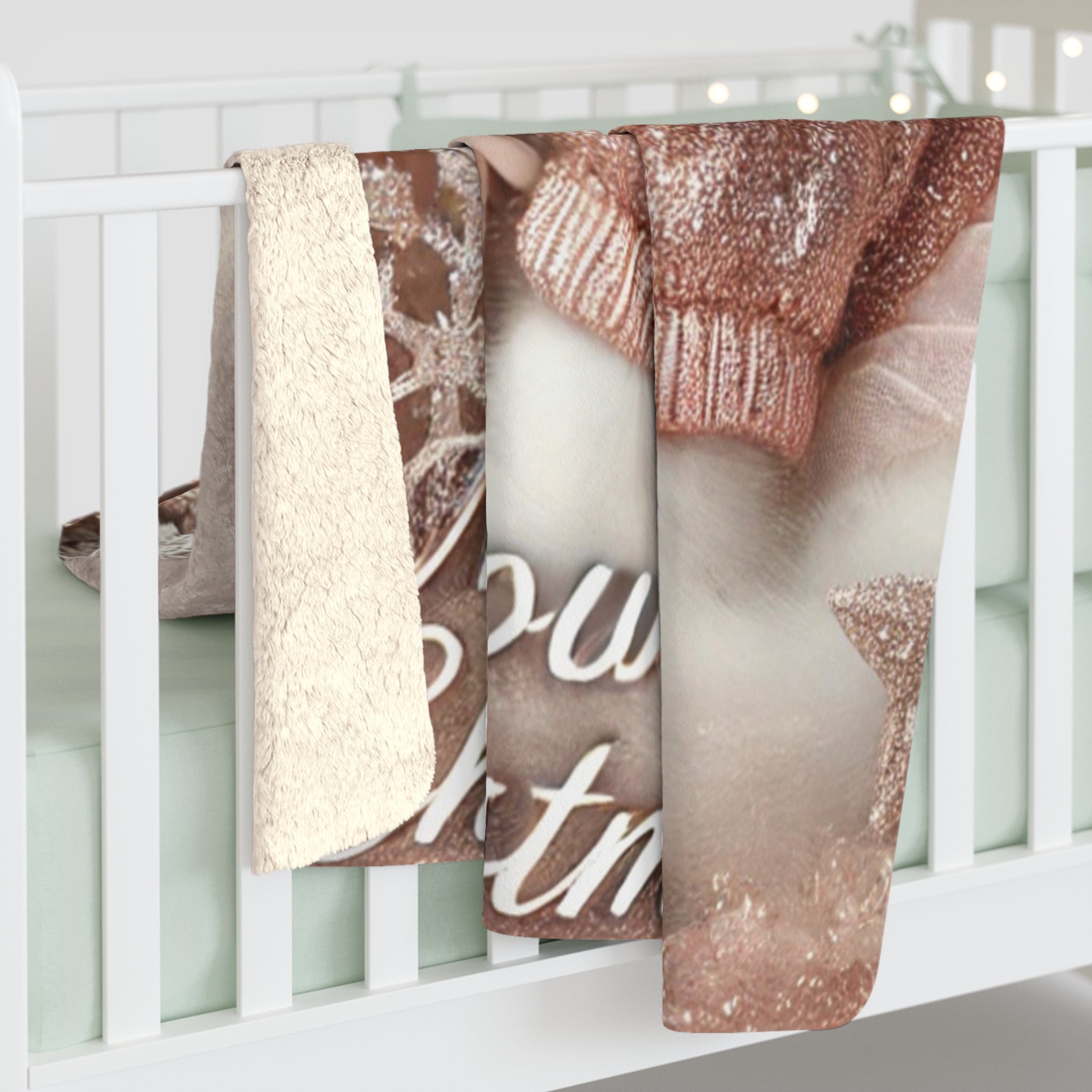 Sherpa Blanket - Christmas White Kitty Cat Rose Gold Sparkle