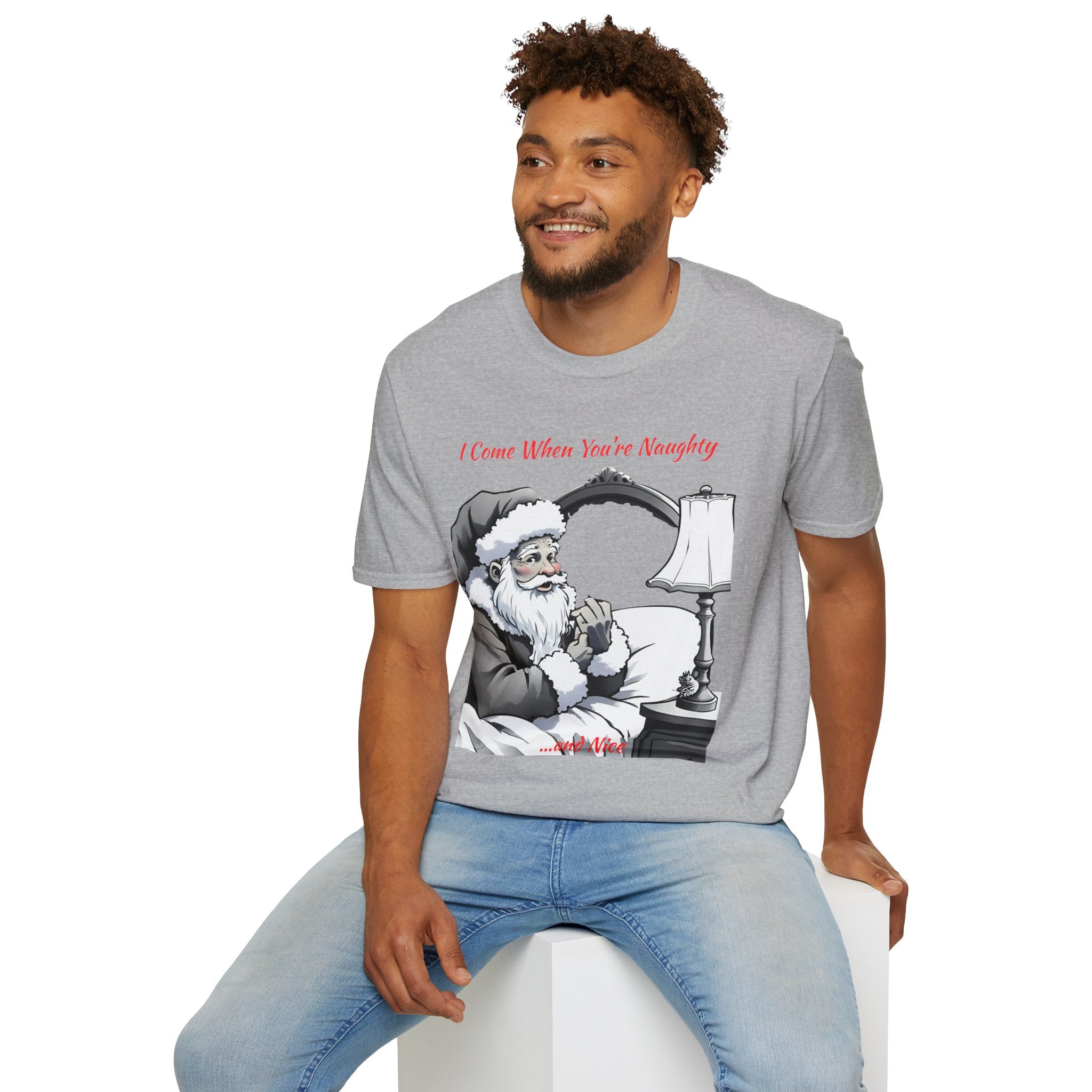 Adult Themed Santa In Bed T-Shirt – 'I Come When You’re Naughty' Christmas Attire