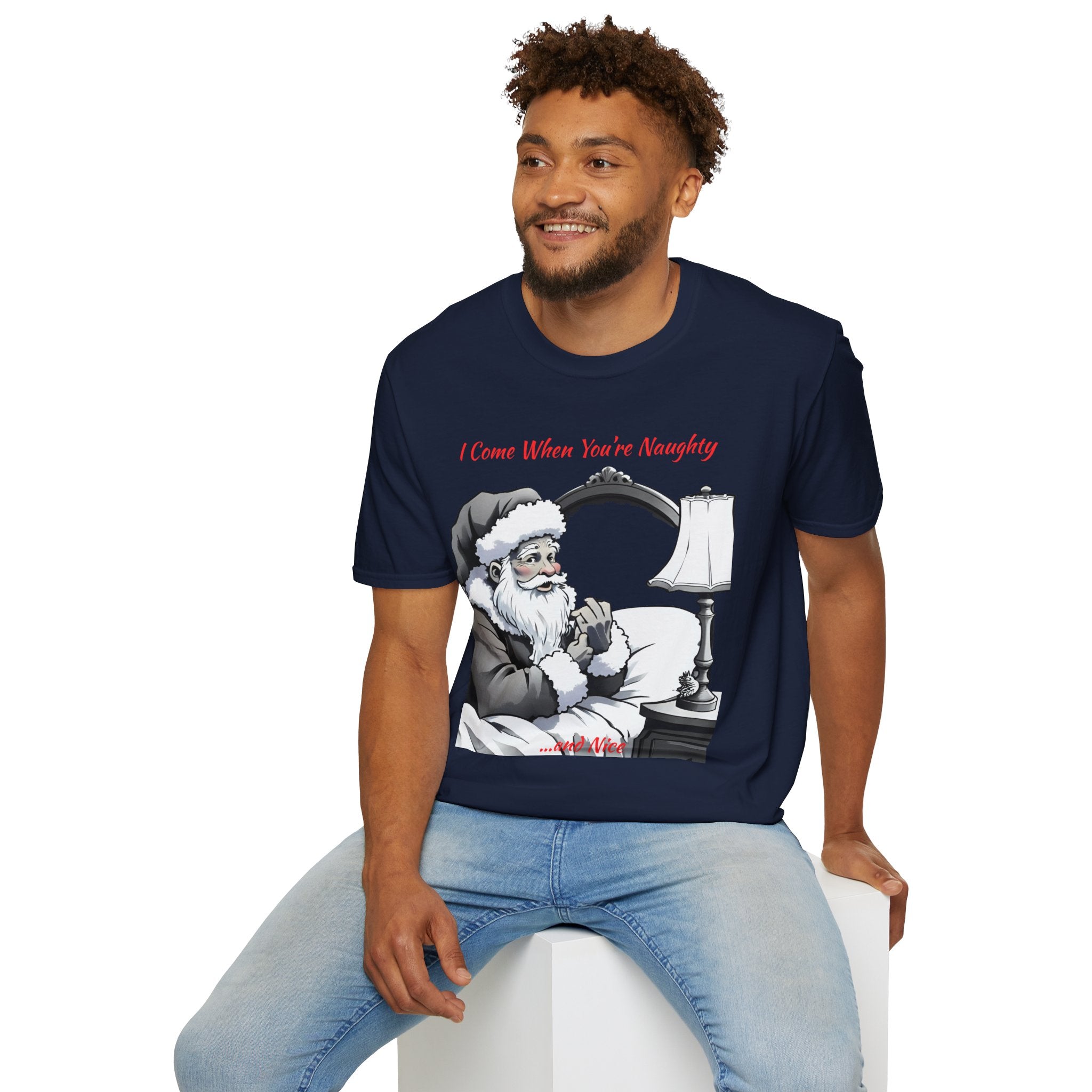 Adult Themed Santa In Bed T-Shirt – 'I Come When You’re Naughty' Christmas Attire