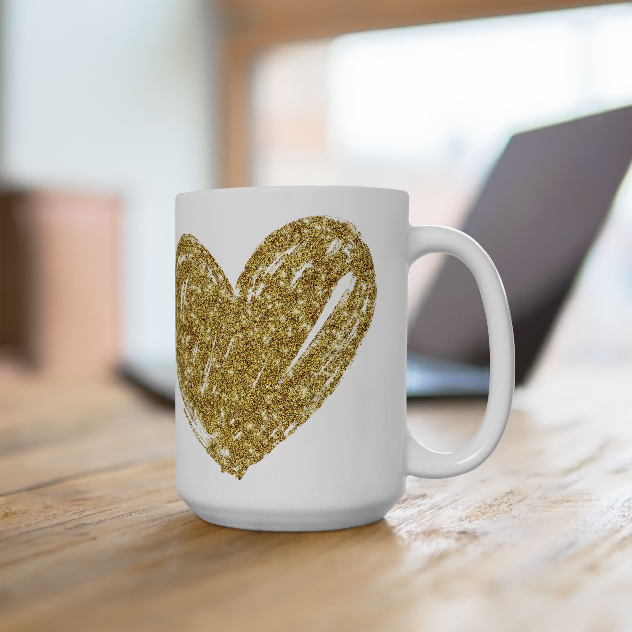 Gold Glitter Heart Ceramic Mug — Sparkling Love Coffee Cup (11oz & 15oz)
