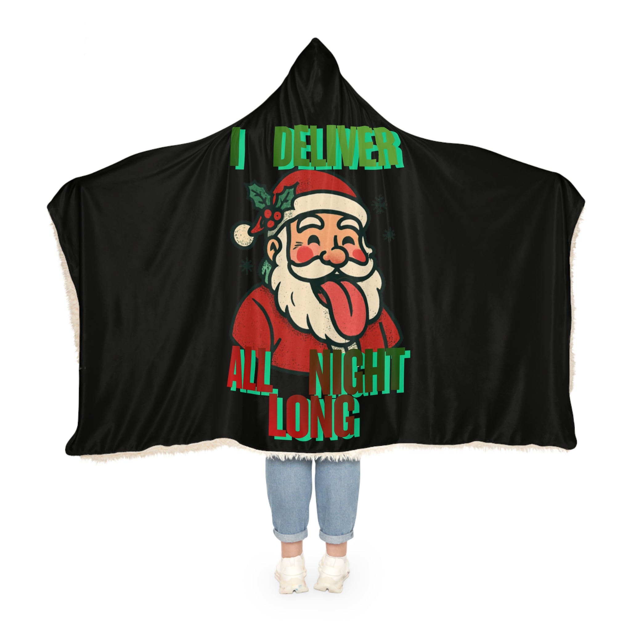 Black Snuggle Blanket — Funny “I Deliver All Night Long” Santa Hooded Blanket for Christmas Gag Gift