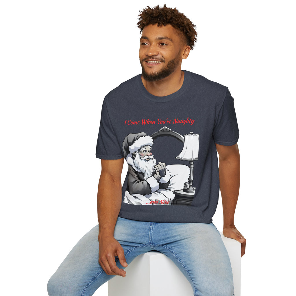 Adult Themed Santa In Bed T-Shirt – 'I Come When You’re Naughty' Christmas Attire
