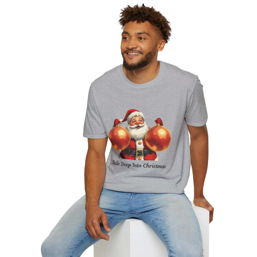Adult Themed Ornaments Santa T-Shirt – ‘Balls Deep Into Christmas’ Christmas Attire