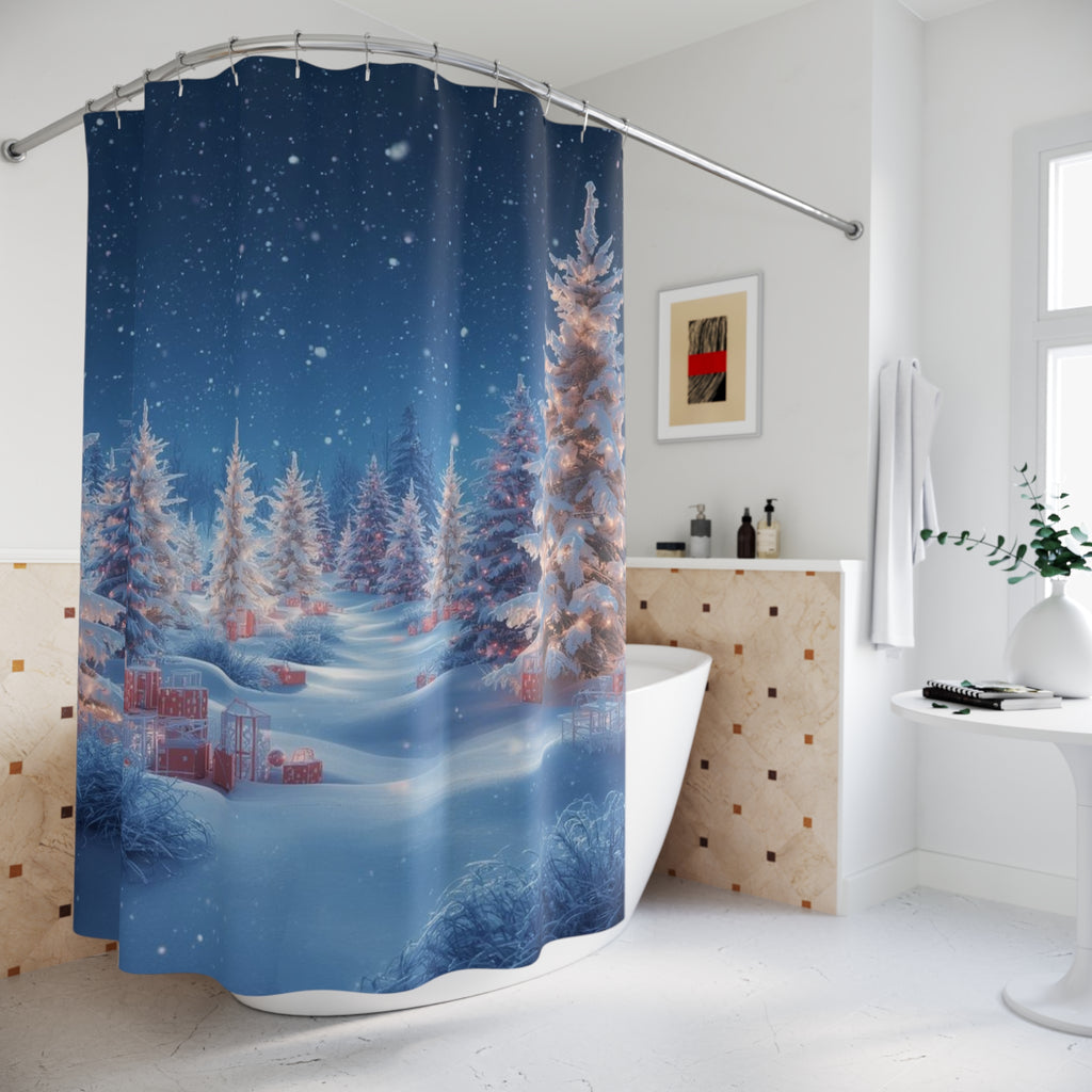Winter Forest Shower Curtain — Snowy Trees with Gift Boxes