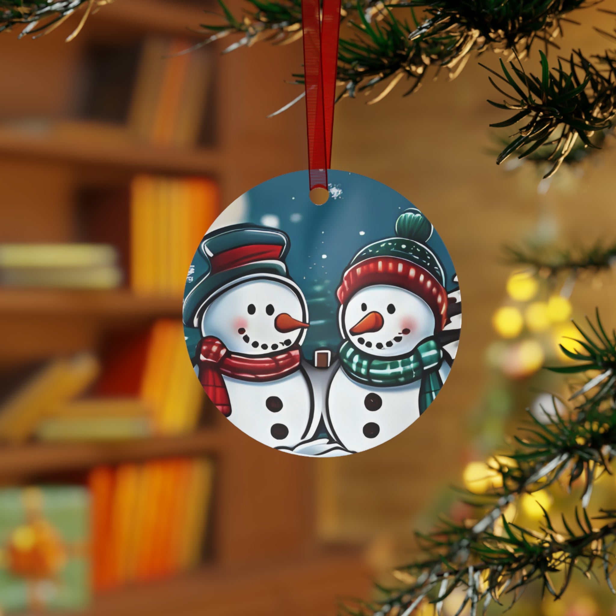 Snowman Couple Metal Ornament — Cute Holiday Christmas Tree Decoration