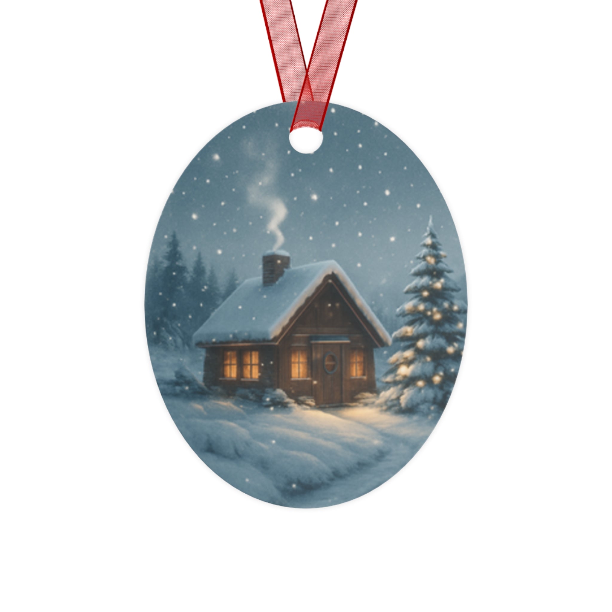 Snowy Cabin Bell Metal Ornament — Cozy Winter Christmas Tree Decoration