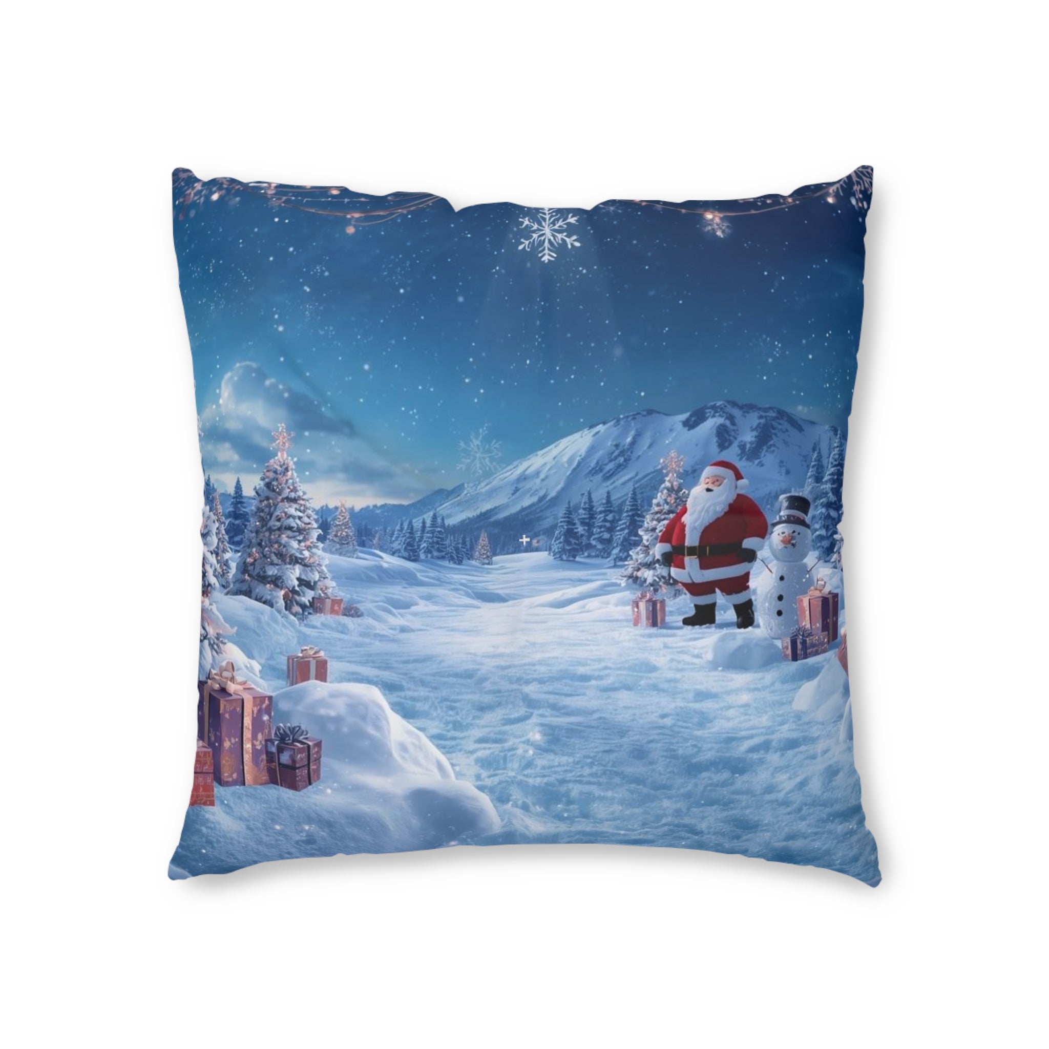 Christmas Winter Scene Floor Pillow — Santa & Snowy Mountain Holiday Decor