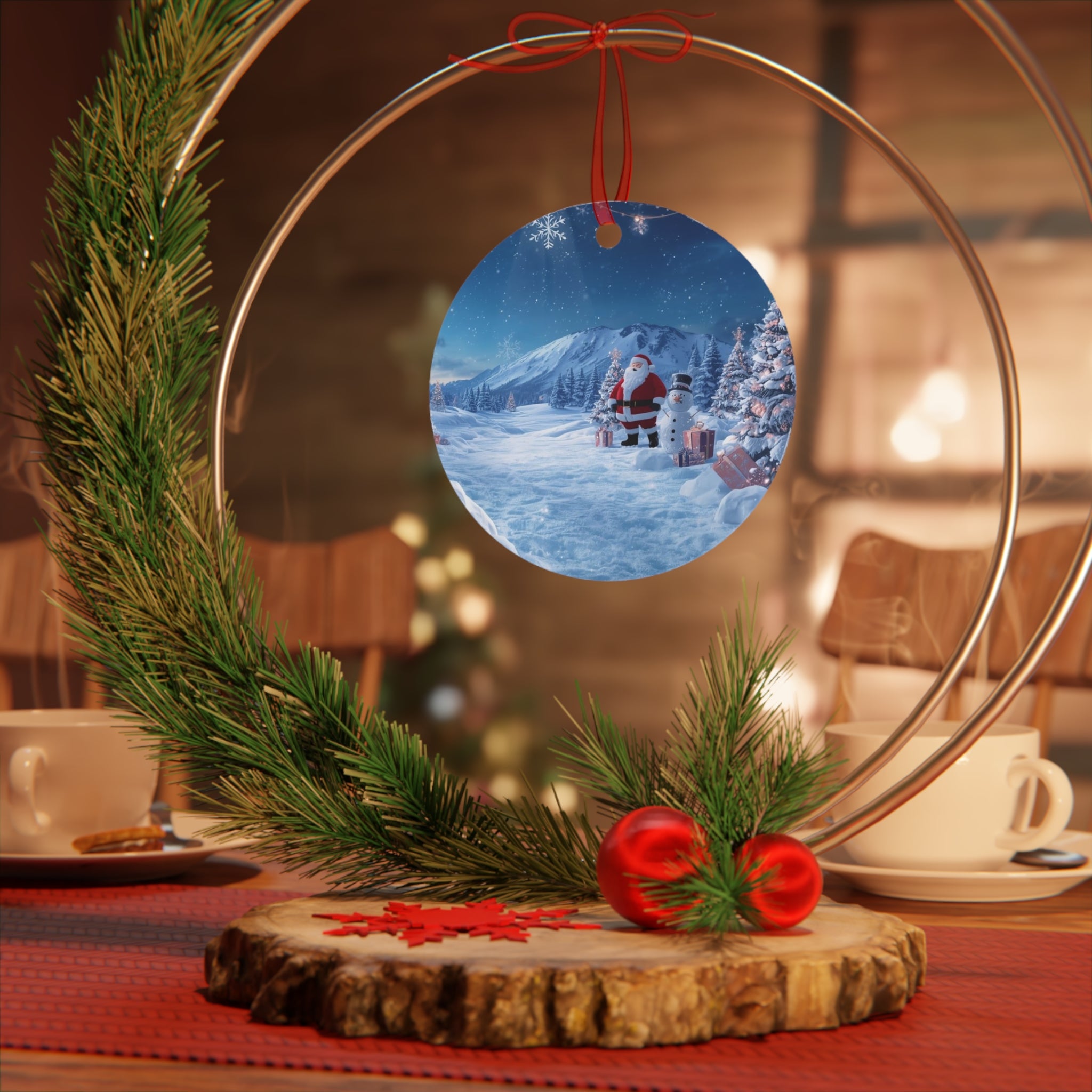 Bell Metal Ornament — Santa in Snowy Mountain Scene Christmas Decoration