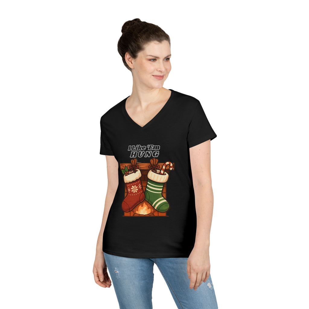 I Like 'Em Hung Christmas Stockings V-Neck T-Shirt | Holiday Stocking Design