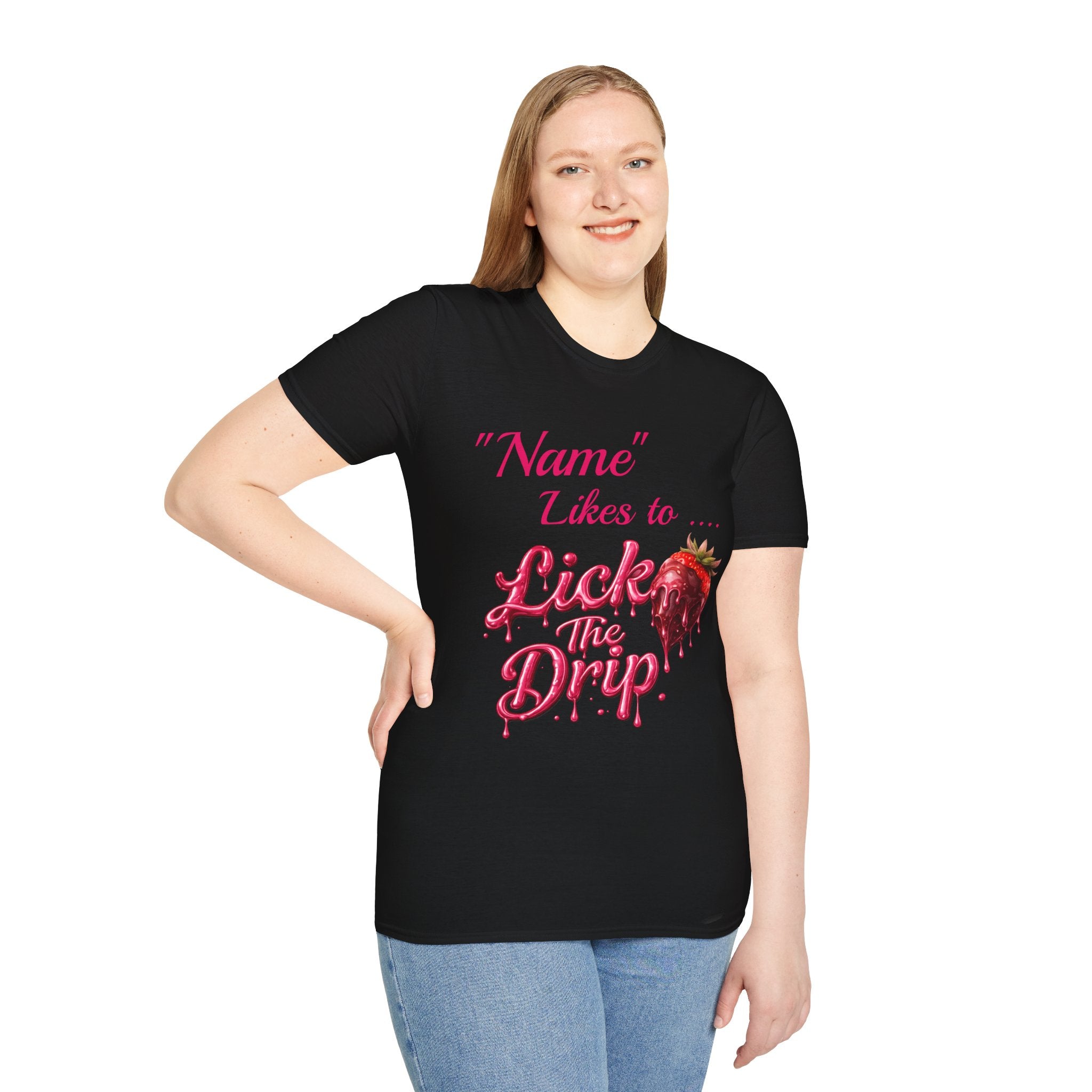 “Name Likes to Lick the Drip” Strawberry Drip Graphic T-Shirt