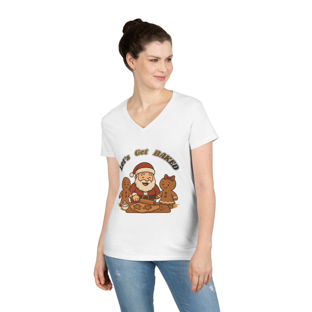 Adult Themed Santa Baking V-Neck Tee — 'Let’s Get Baked' Christmas Attire