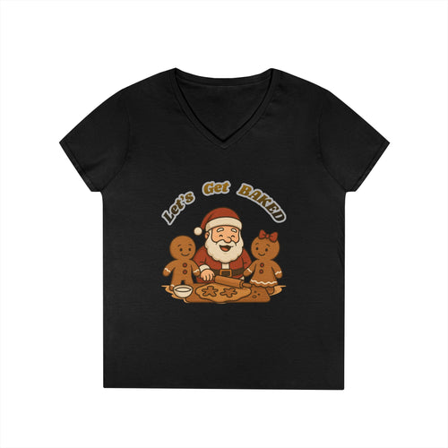 Adult Themed Santa Baking V-Neck Tee — 'Let’s Get Baked' Christmas Attire