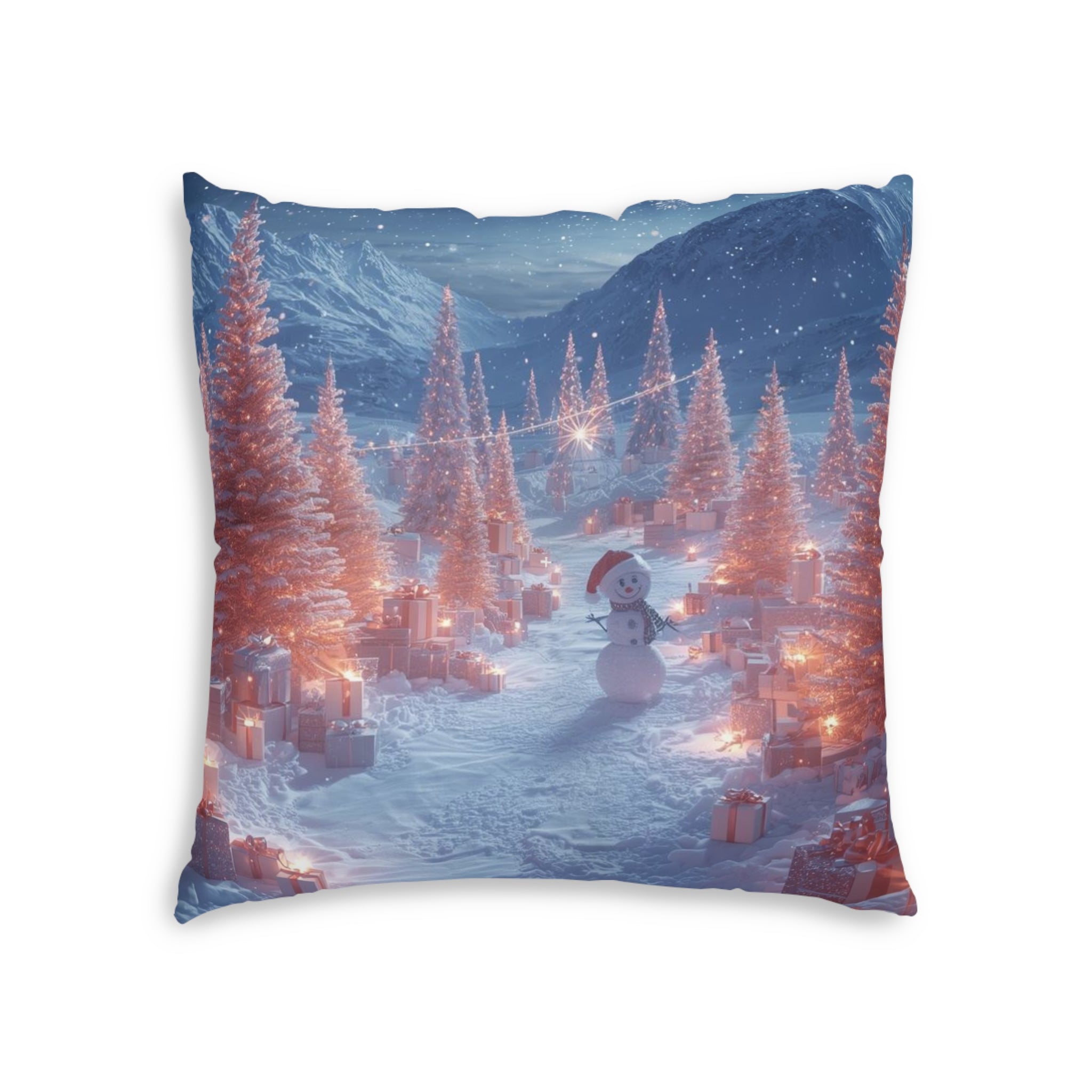 Winter Wonderland Square Floor Pillow — Snowman & Lit Christmas Trees Holiday Decor