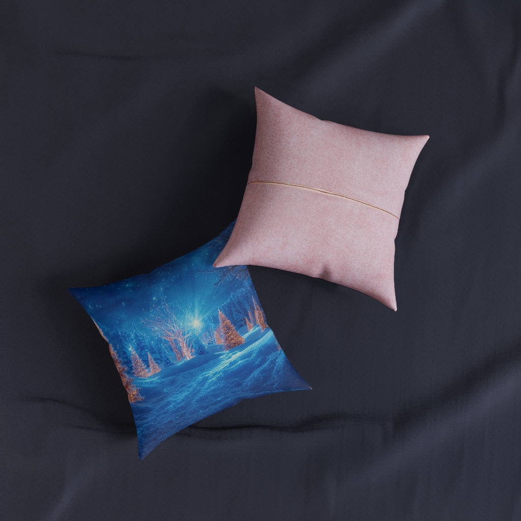Square Pillow - Wonderland Decorative Pillow Blue Snowy Trees Pink Back