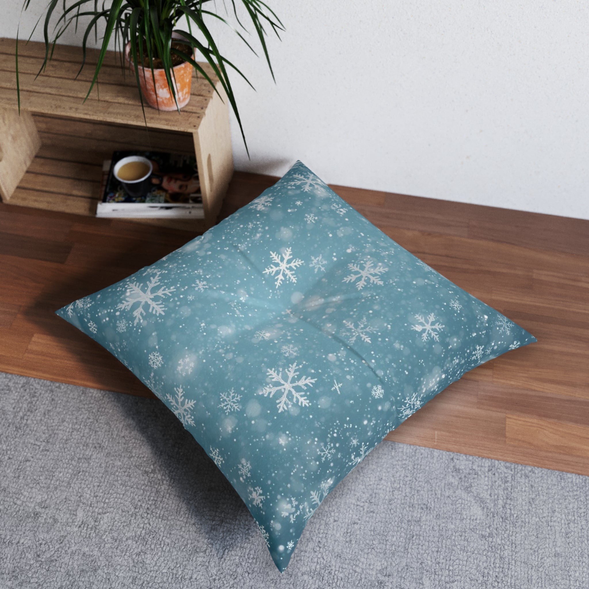Snowflake Winter Tufted Floor Pillow — Cozy Holiday Accent Cushion