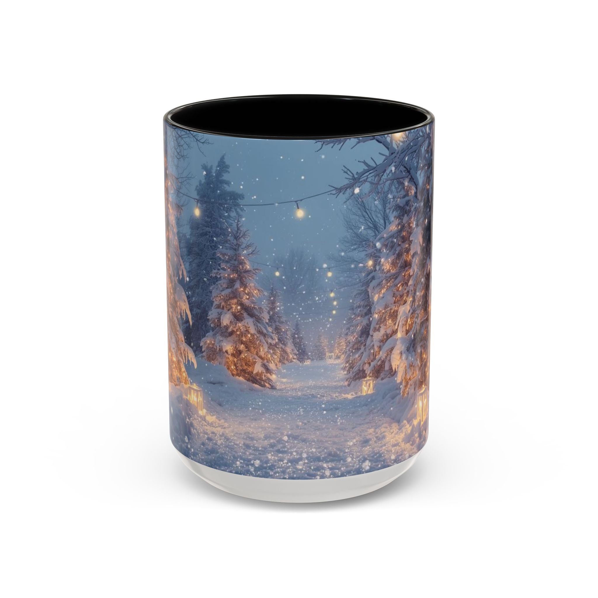 Winter Cabin Snowy Forest Accent Coffee Mug — Cozy Holiday Snow Scene (11/15oz)