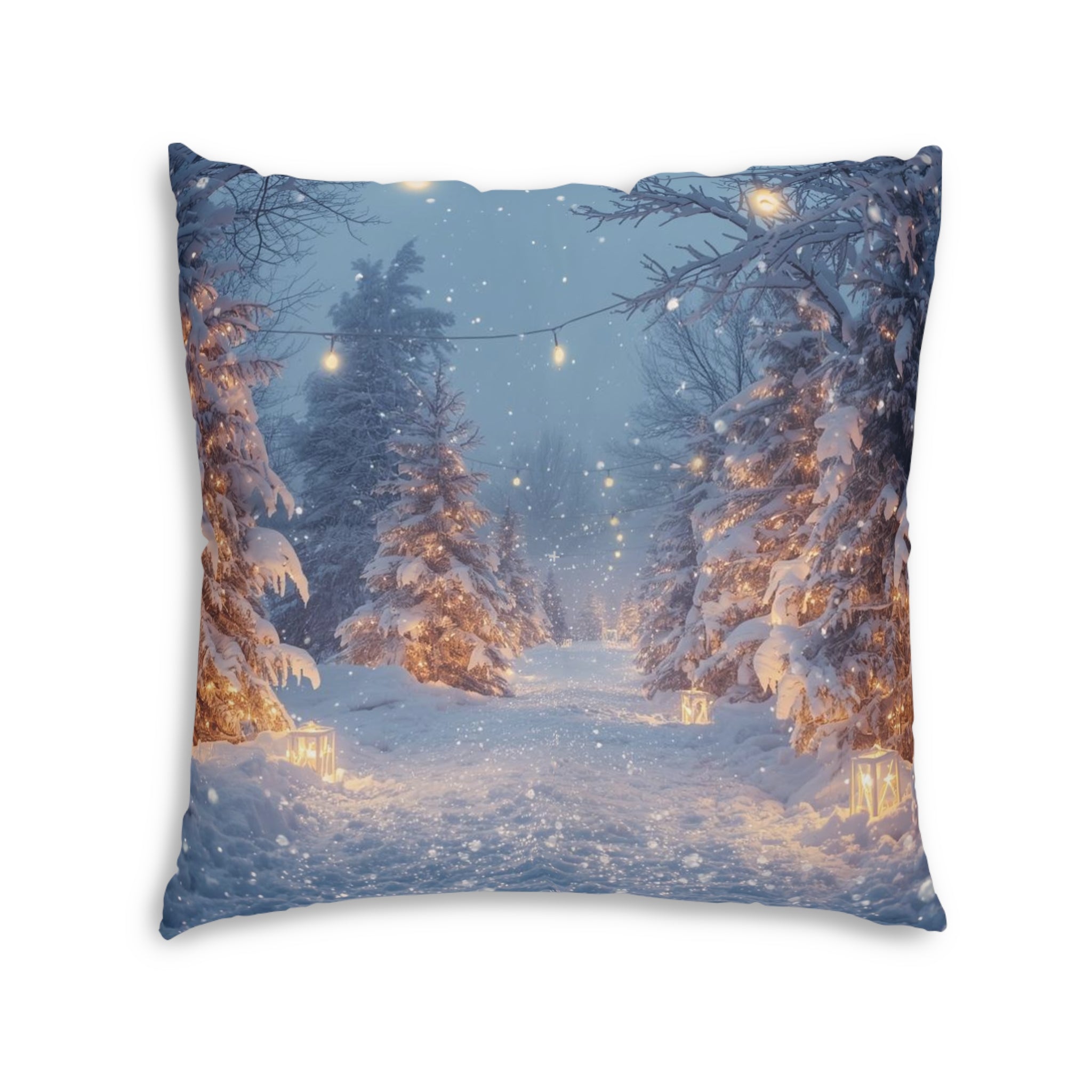 Winter Forest Snow Scene Tufted Floor Pillow — Cozy Holiday Decorative Cushion