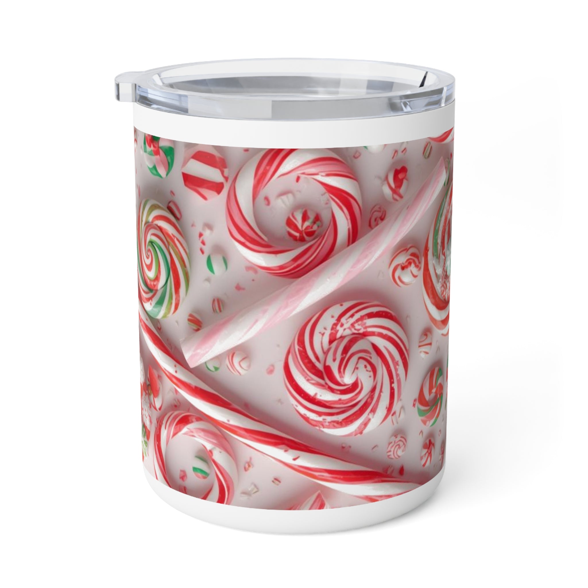 10oz Insulated Coffee Mug – Festive Red & Green Peppermint Swirl Holiday Travel Mug
