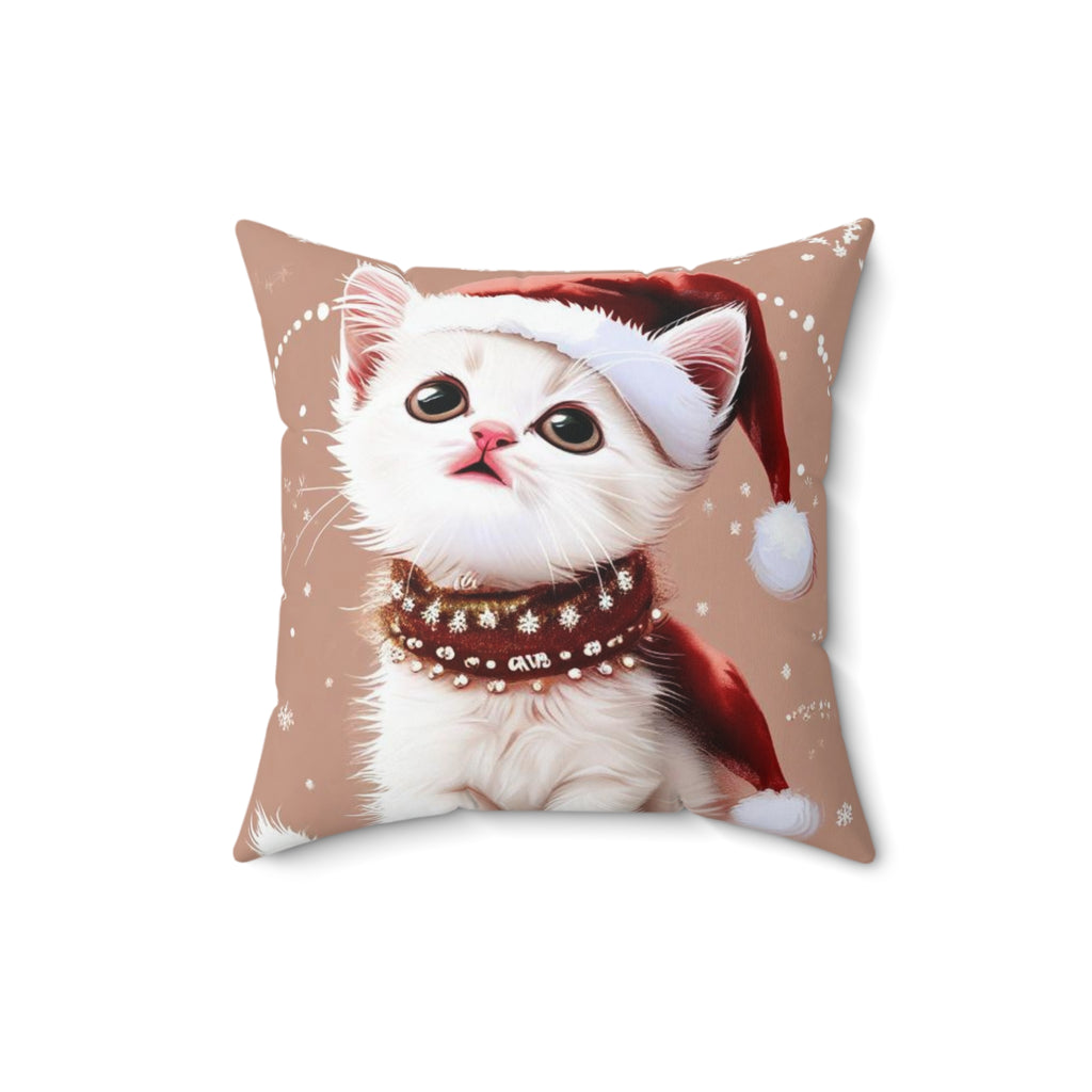 Christmas Kitten Throw Pillow — Cute Cat in Santa Hat Holiday Decor