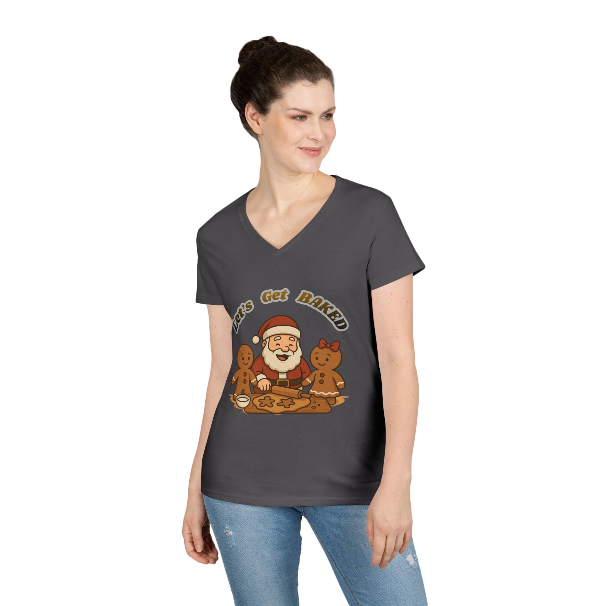 Adult Themed Santa Baking V-Neck Tee — 'Let’s Get Baked' Christmas Attire