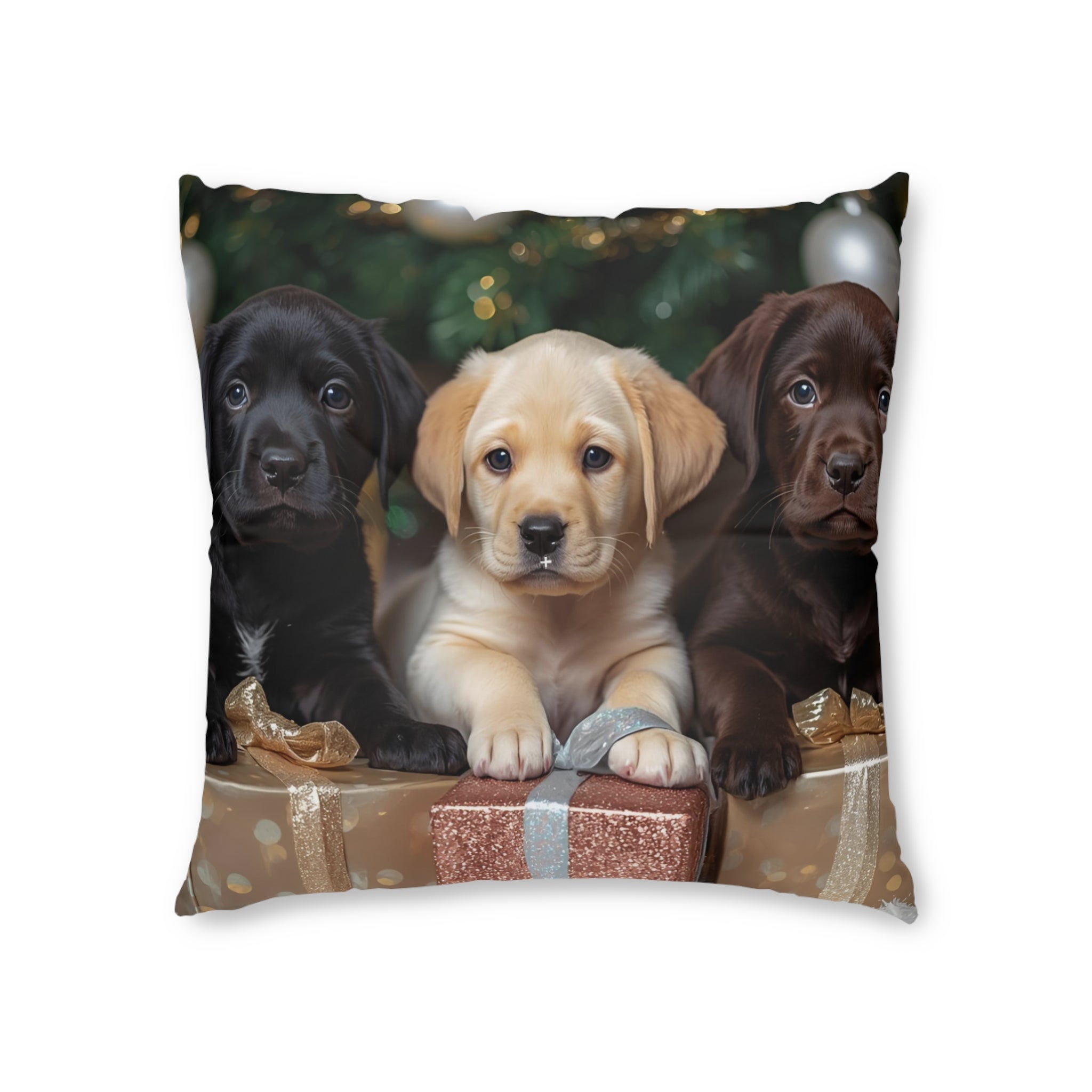 Puppy Trio Tufted Floor Pillow — Cute Labrador Puppies Holiday Decor