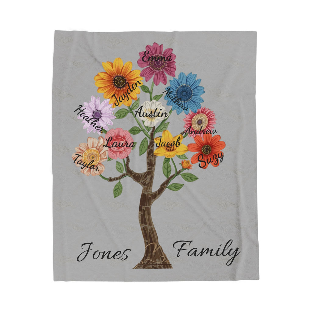 Personalized Family Tree Plush Blanket — Custom Names Floral Sunflower Design