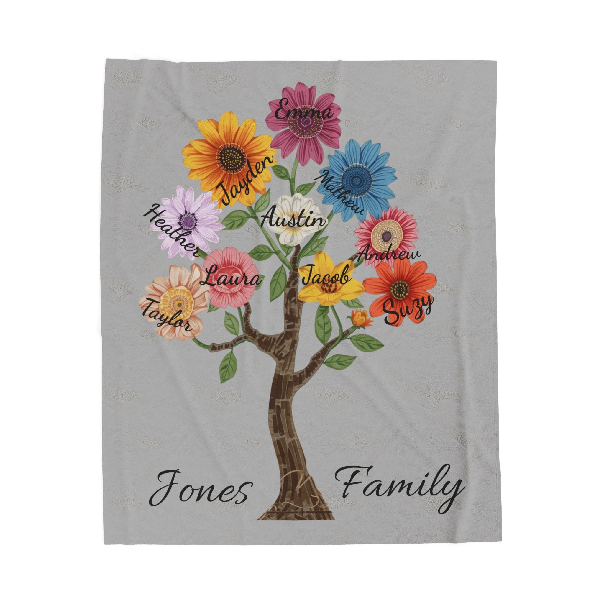 Personalized Family Tree Plush Blanket — Custom Names Floral Sunflower Design