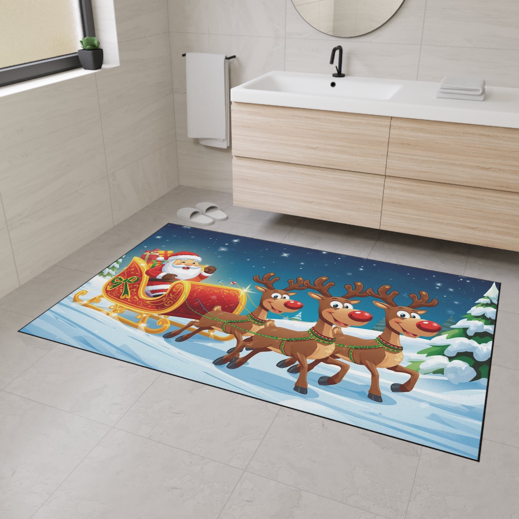 Christmas Santa Sleigh Floor Mat — Holiday Reindeer Doormat