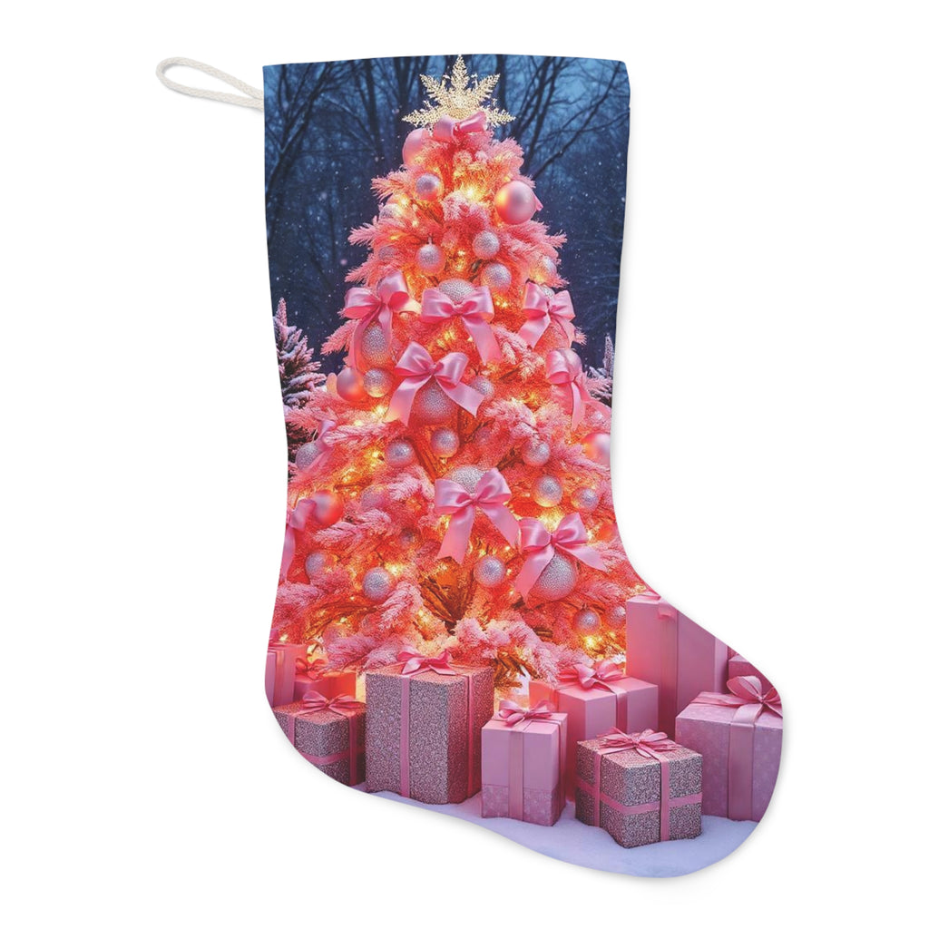 Pink Christmas Stocking with Festive Tree & Gifts