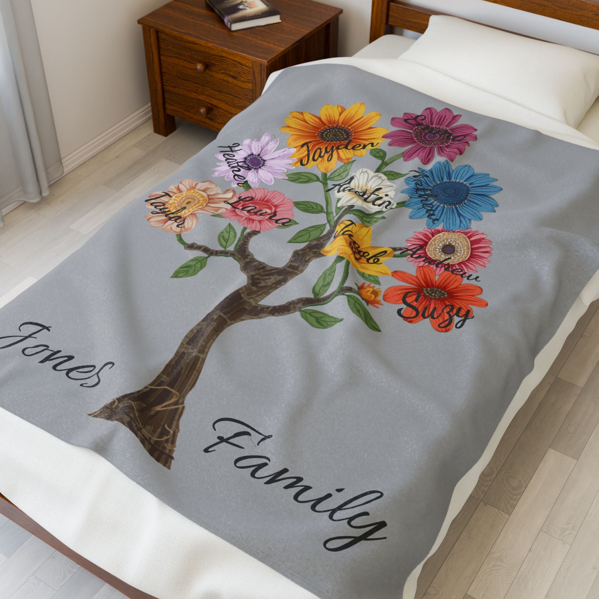 Personalized Family Tree Plush Blanket — Custom Names Floral Sunflower Design