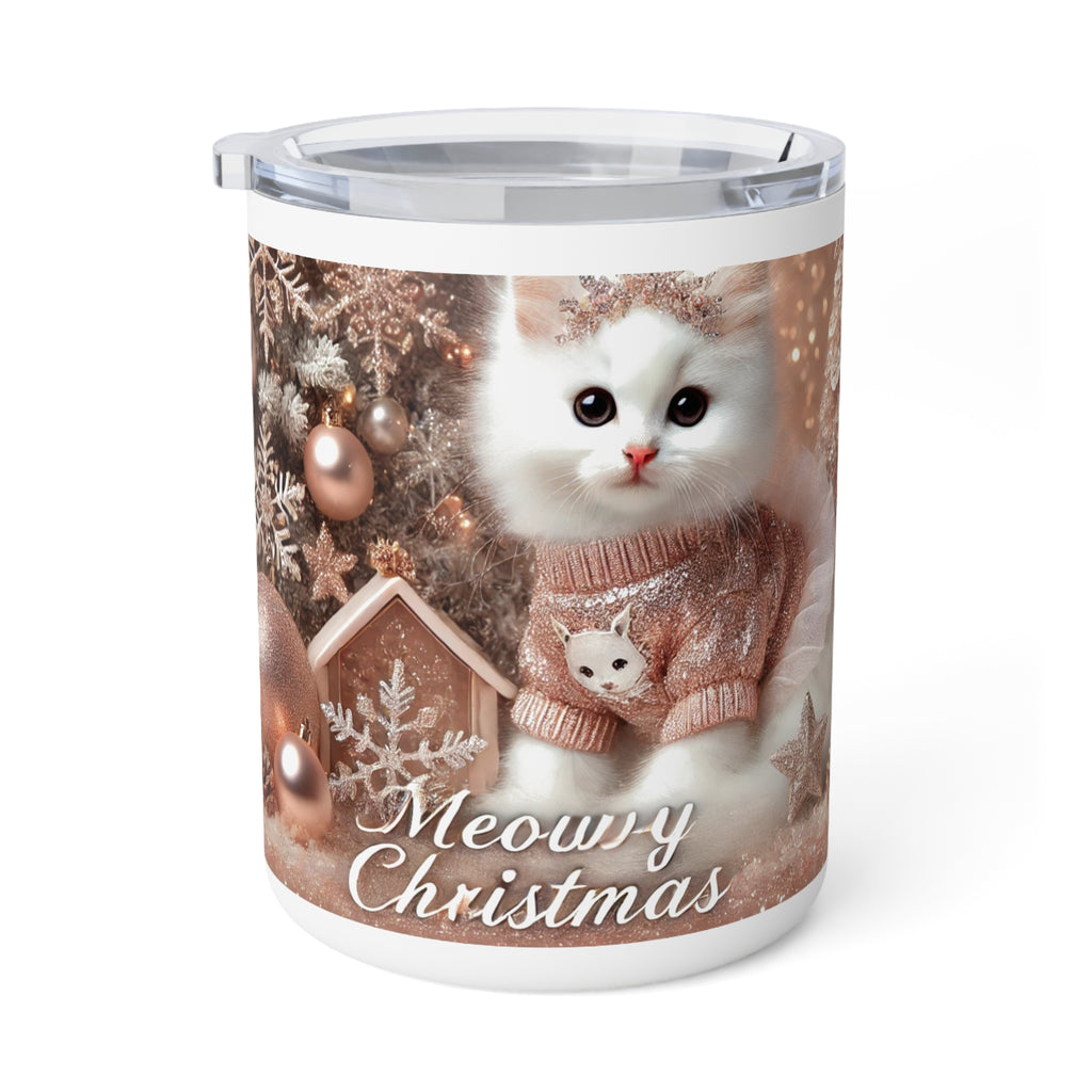 10oz Insulated Coffee Mug — 'Meowy Christmas' Cute Kitten Holiday Travel Mug