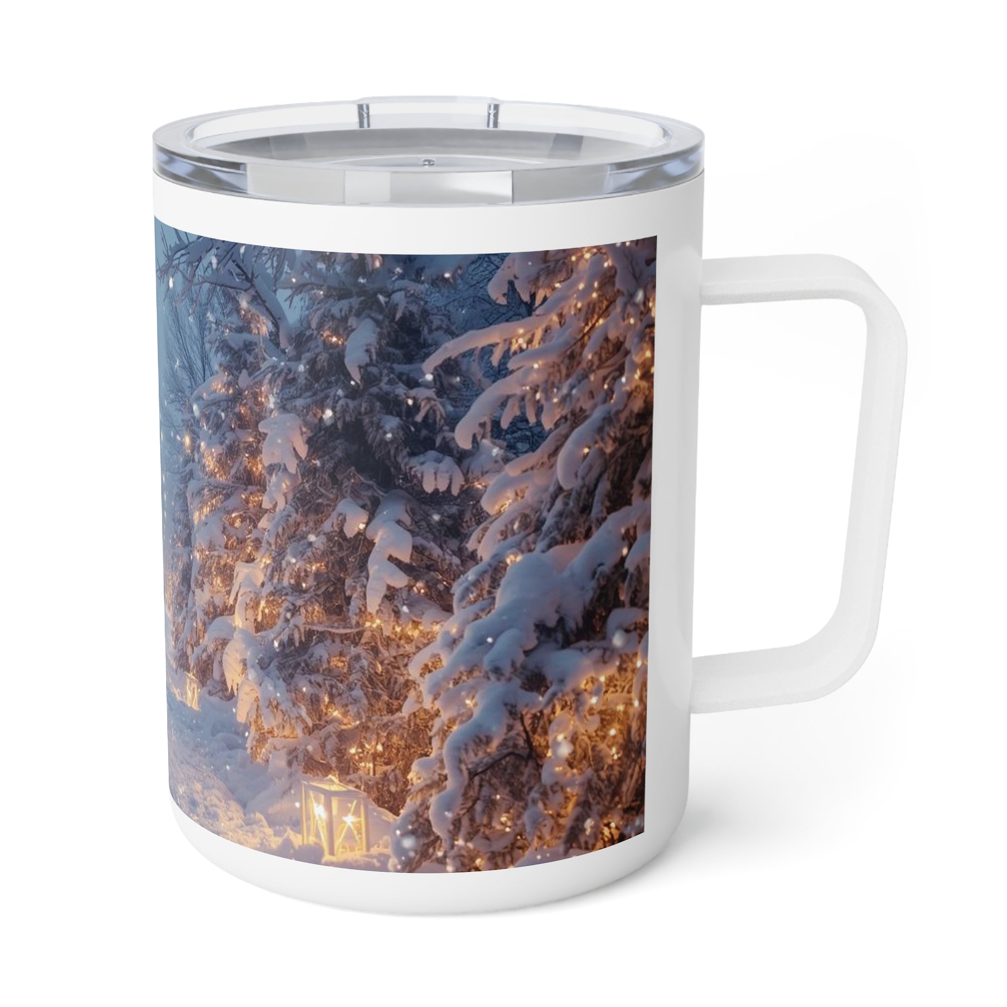 10oz Insulated Coffee Mug — Winter Snowy Forest with String Lights
