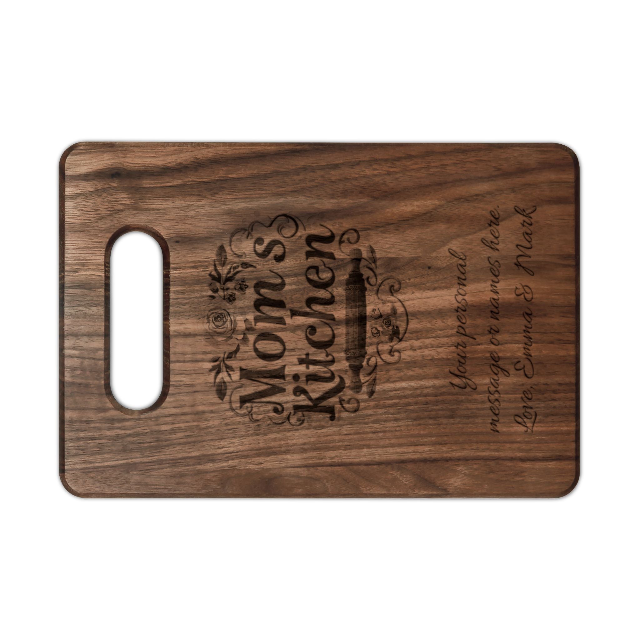 Engraved "Mom's Kitchen" Wooden Cutting Board – Personalized Floral Charcuterie & Serving Paddle, Mother's Day Gift
