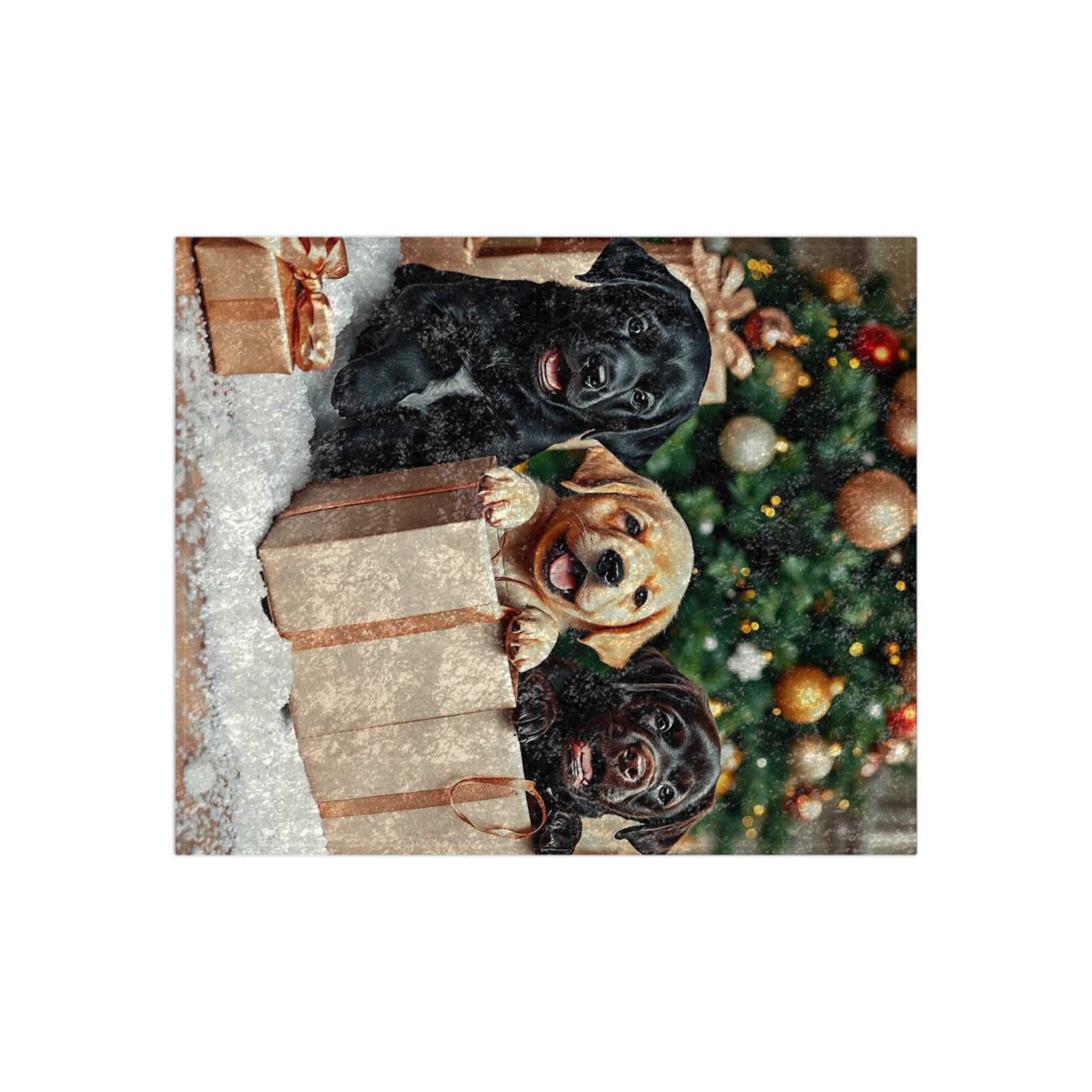 Crushed Velvet Blanket — Holiday Puppies by Christmas Tree, Festive Gift Throw