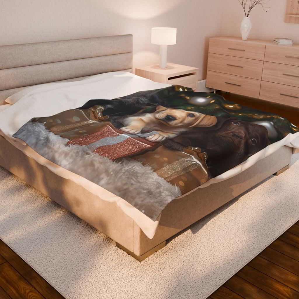 Christmas Labrador Puppies Velveteen Plush Blanket – Cozy Holiday Throw