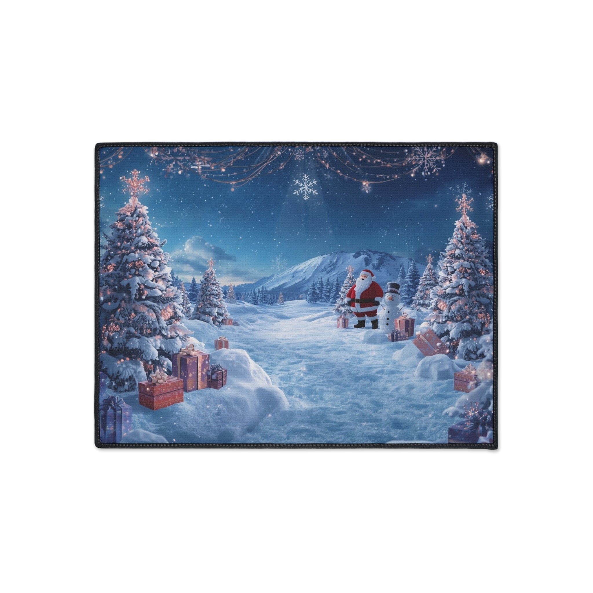 Christmas Snowy Scene Floor Mat — Santa & Pine Trees Holiday Doormat